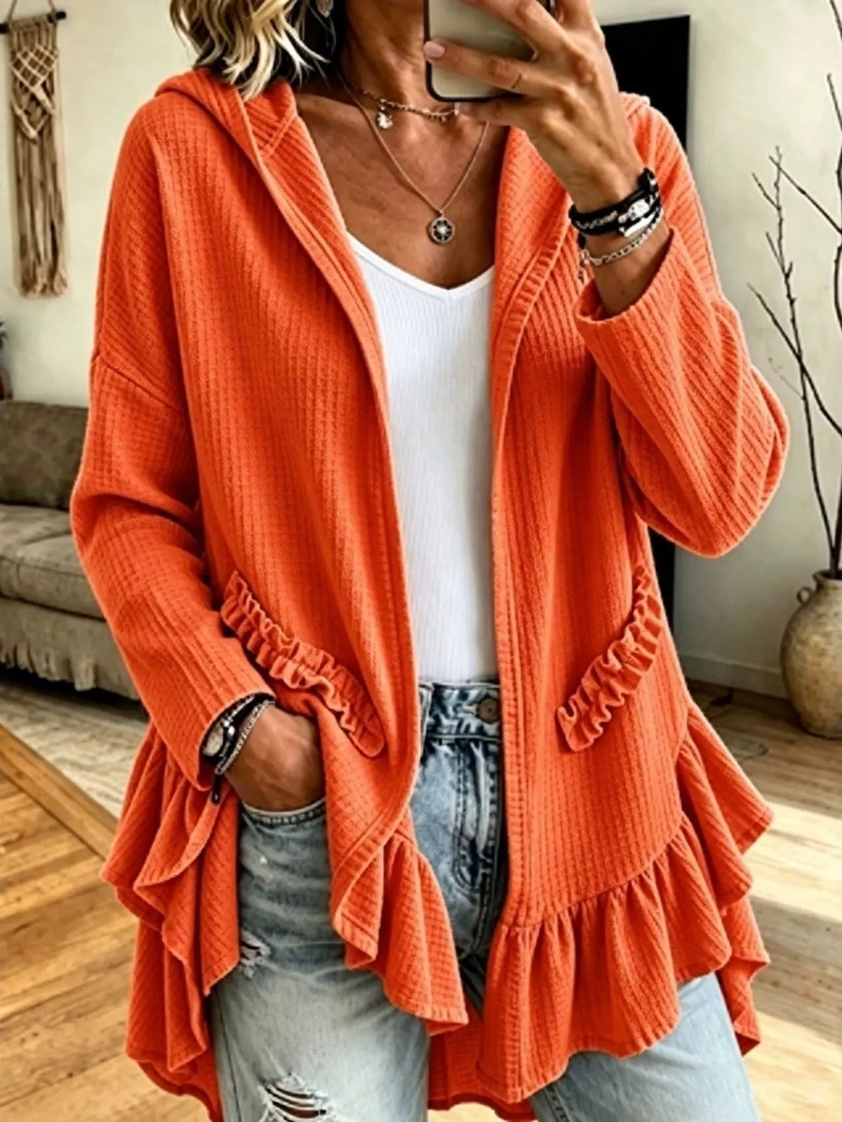 Ruffle Hem Zip-Up Hooded Jacket — front view