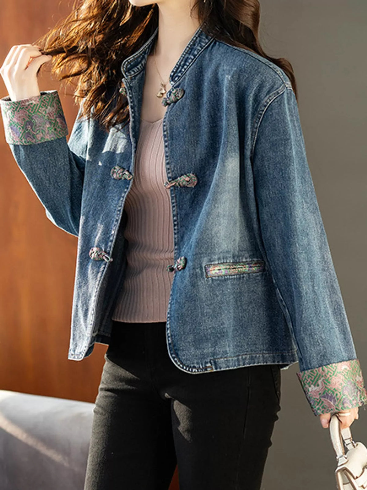 Blue knot button floral cuff denim jacket