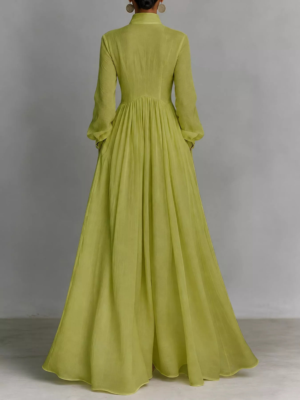 Lime green long sleeve button-front maxi dress, back view