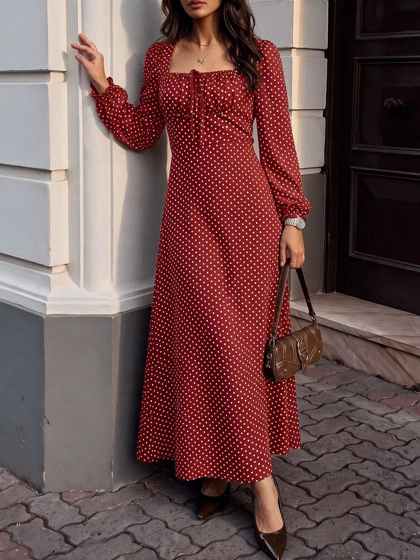 Trendsi Square Neck Polka Dot Long Sleeve Maxi Dress -
