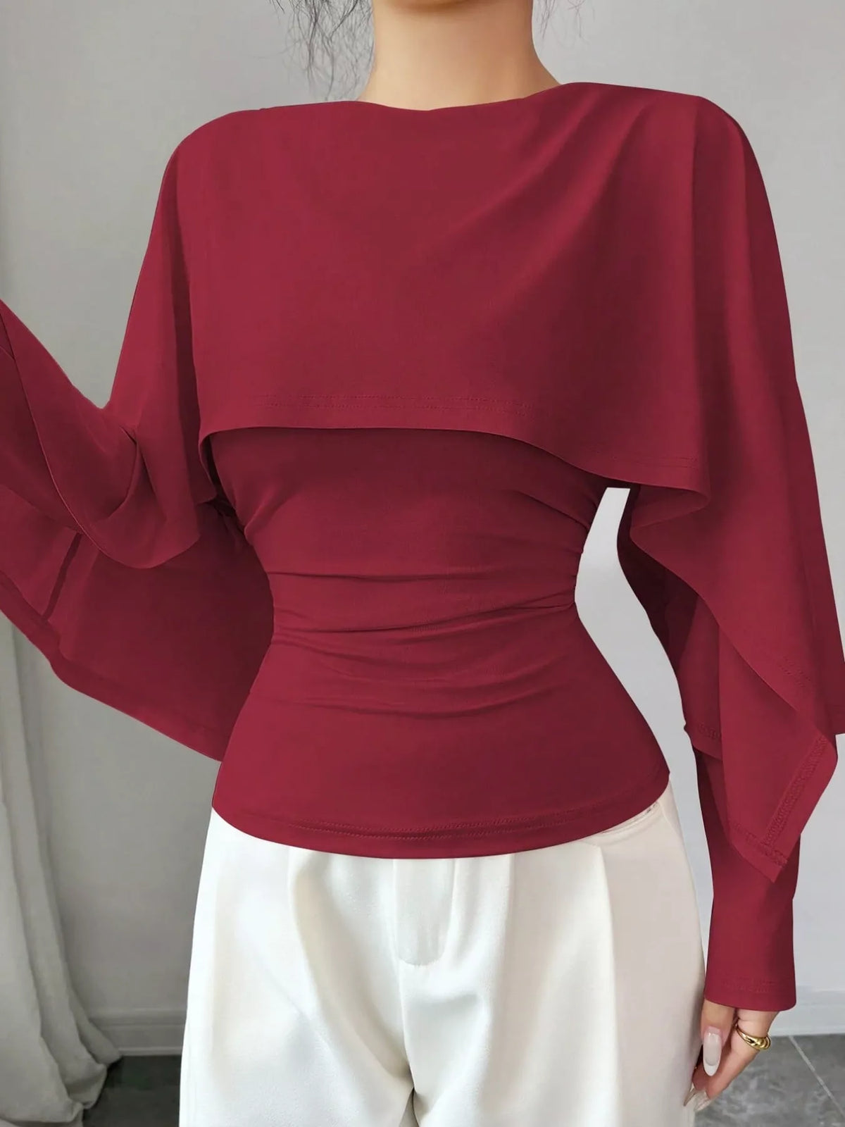 Layered Cape-Style Blouse with Slim-Fit Bodice — front view