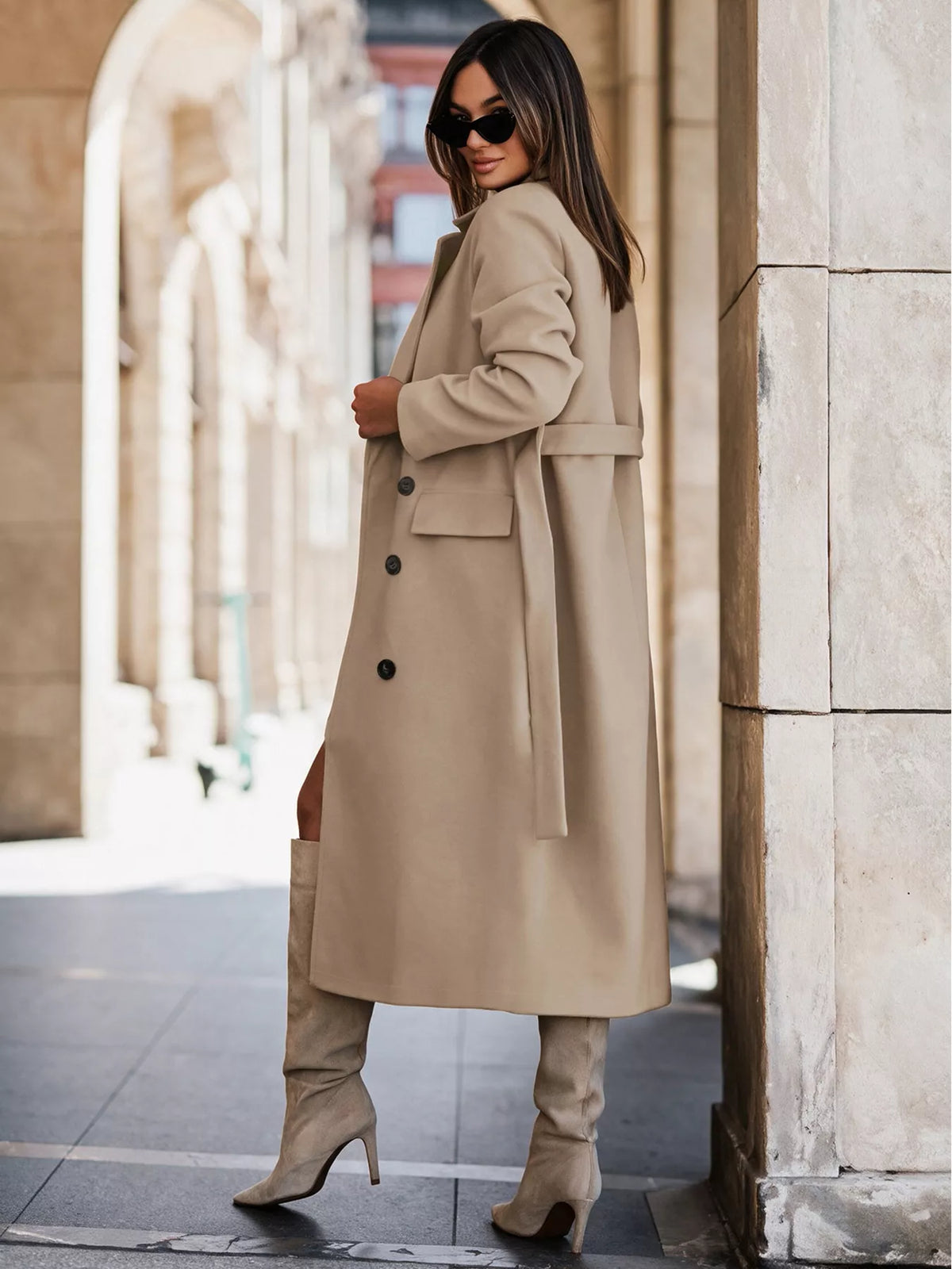Double-breasted lapel collar longline coat