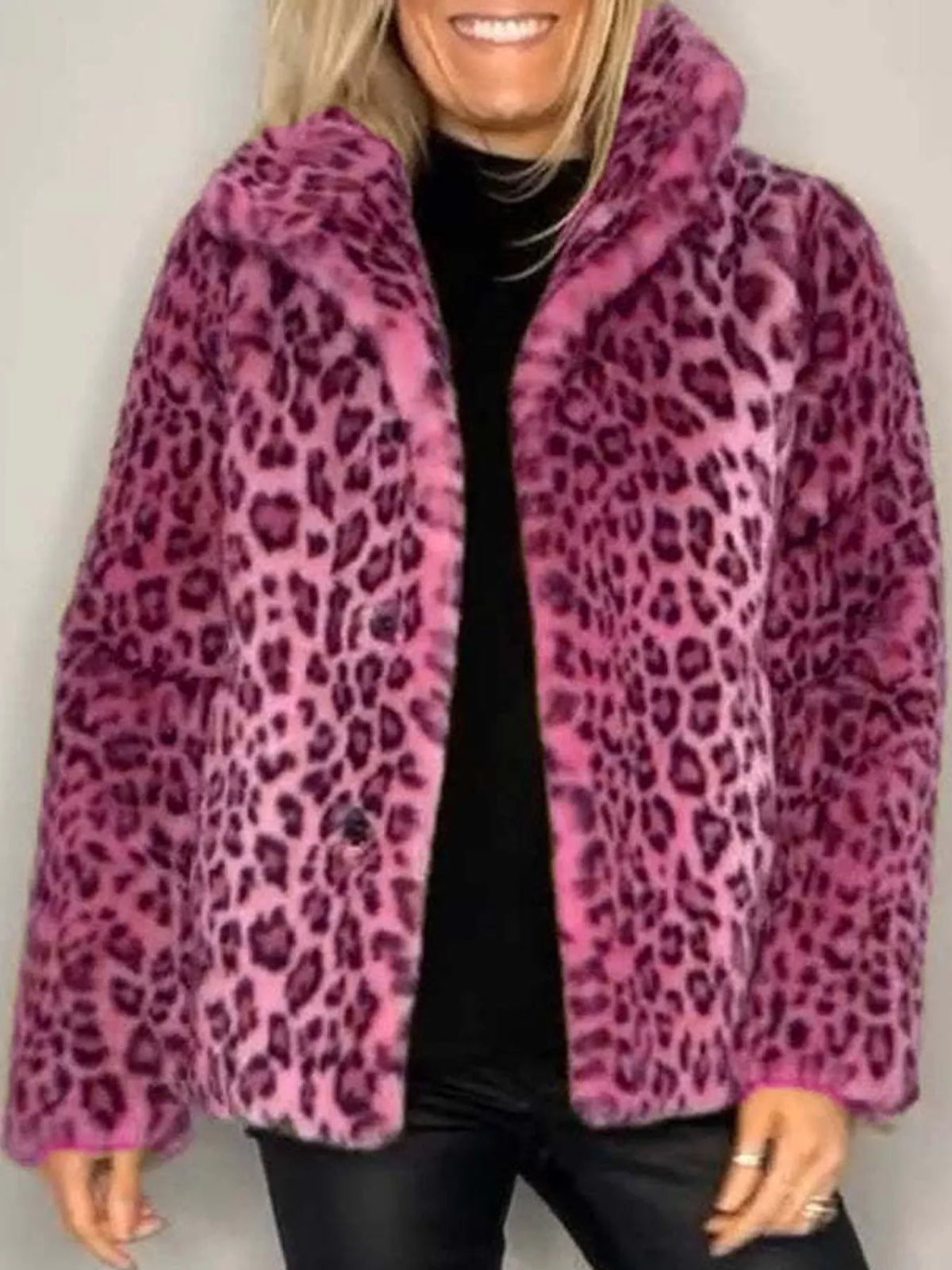Open Front Leopard Print Faux Fur Jacket — front view