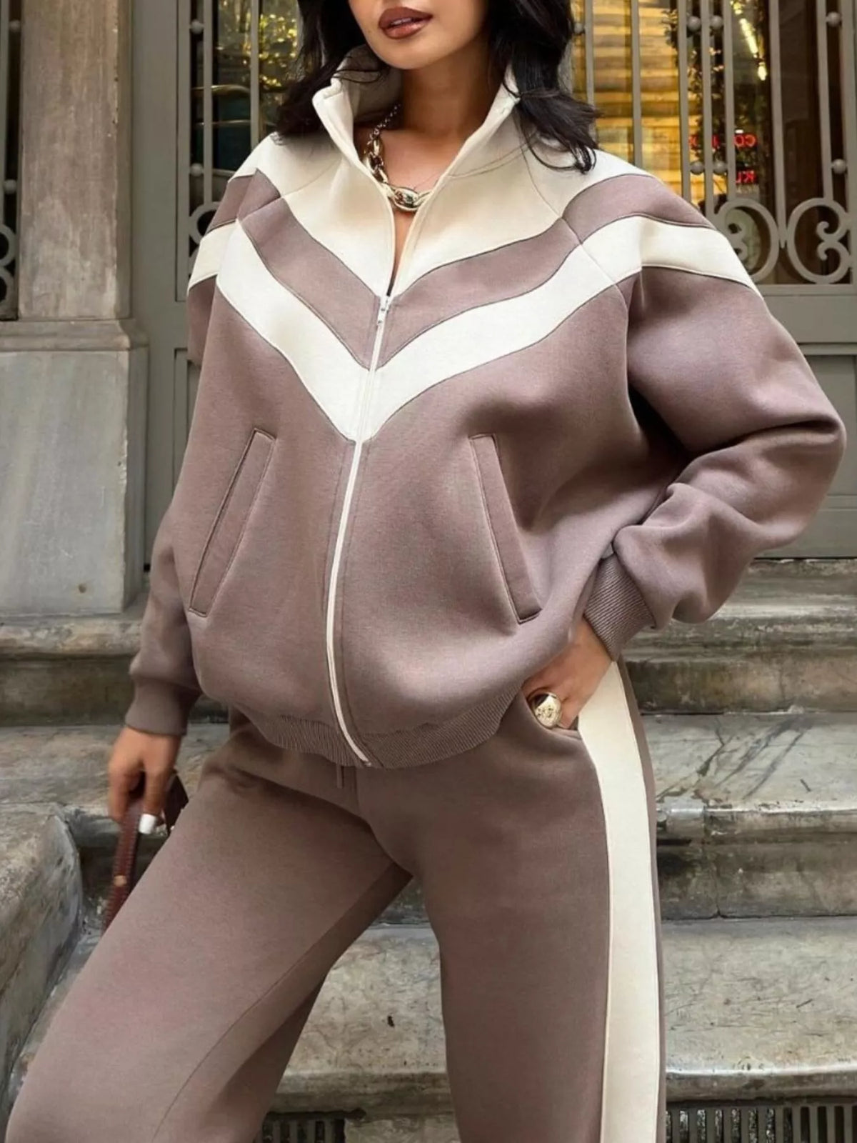 Trendsi Color Block Zip-Up Outerwear and Pants Set -