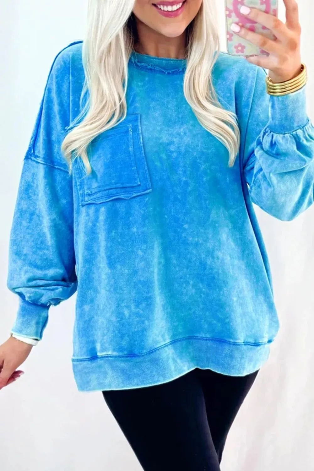 Trendsi Mineral Wash Oversized Sweatshirt with Chest Pocket -
