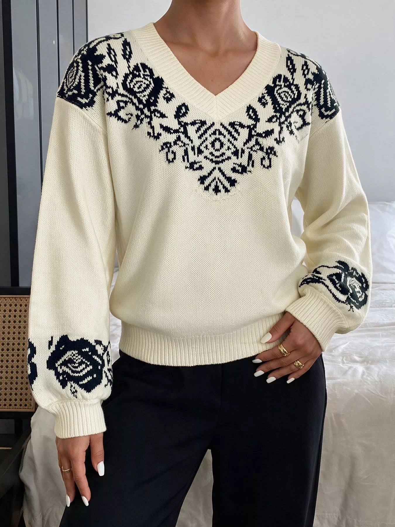 Trendsi Floral Dropped Shoulder Sweater -