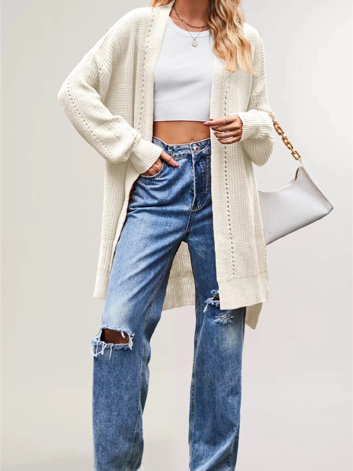 Trendsi Open Front Openwork Knit Longline Cardigan -