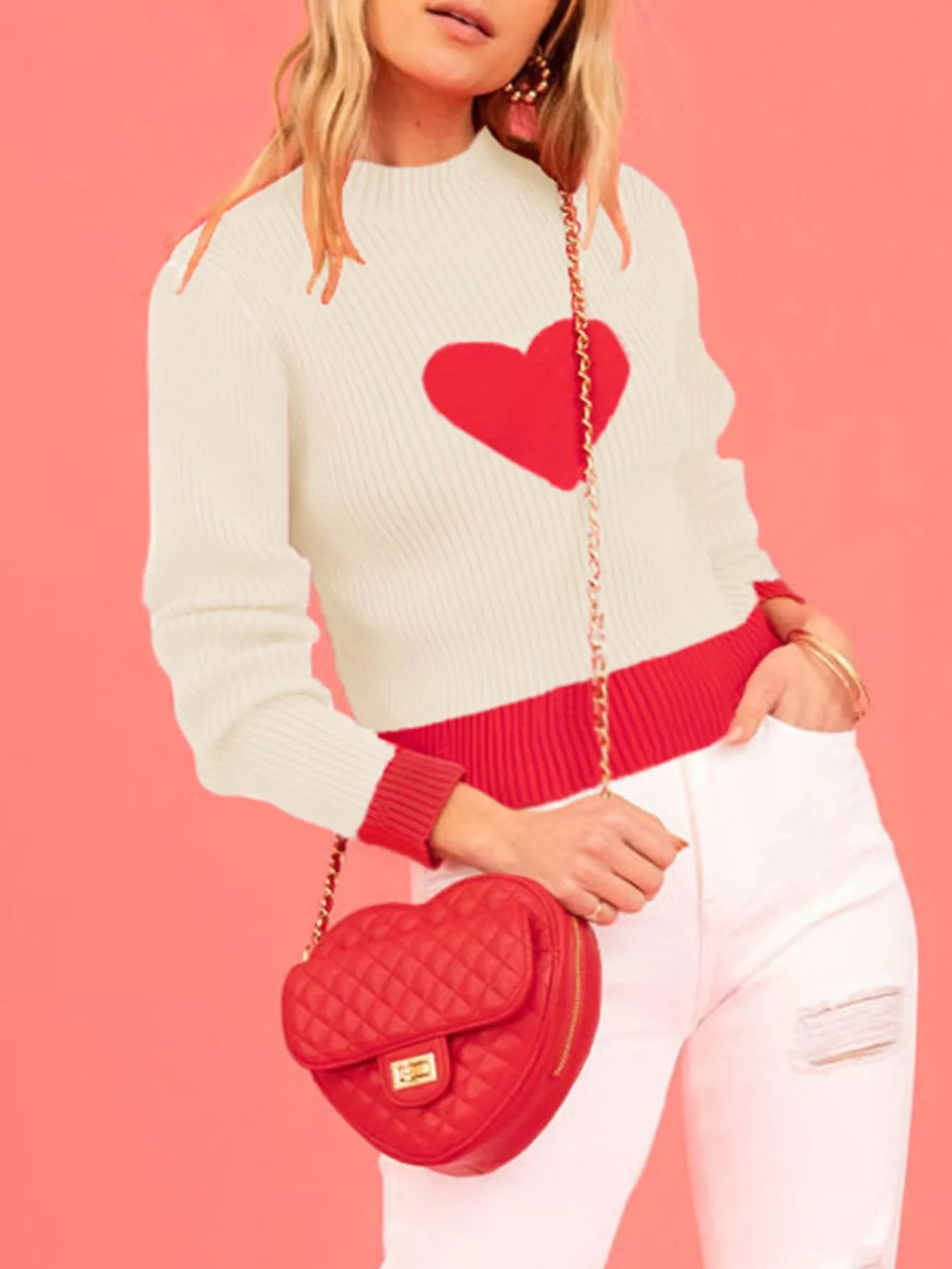 Trendsi Color-Block Heart Pattern Ribbed Knit Sweater -