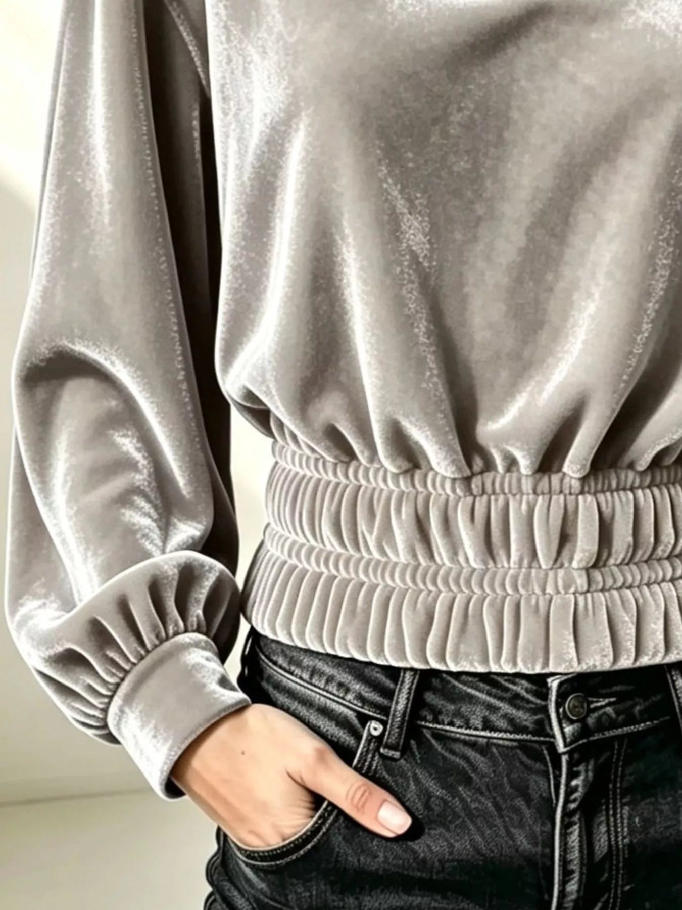 Trendsi Velvet Johnny Collar Long Sleeve Blouse -