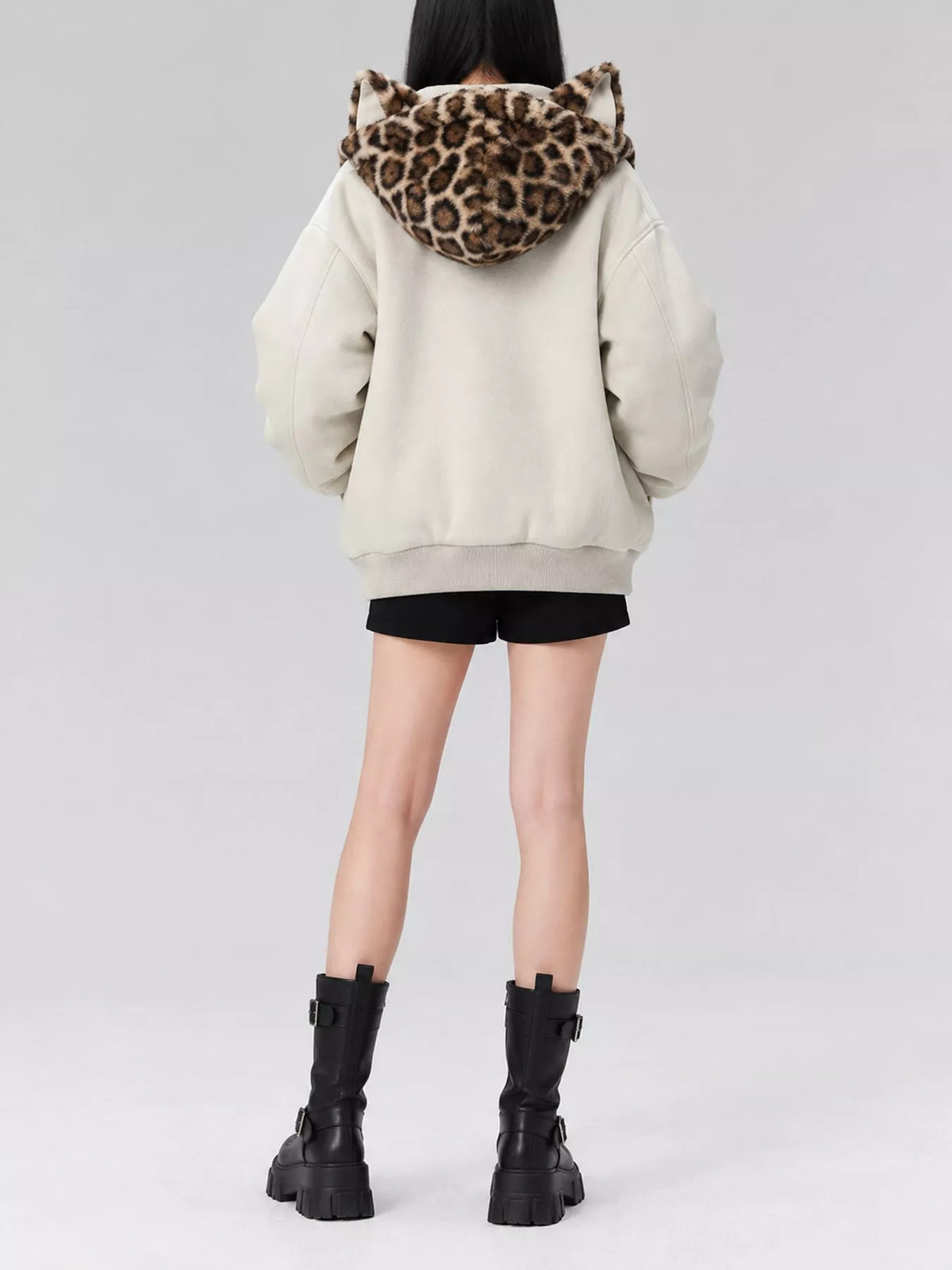 Leopard-Trim Faux Fur Hooded Zip-Up Jacket in off-white, back view