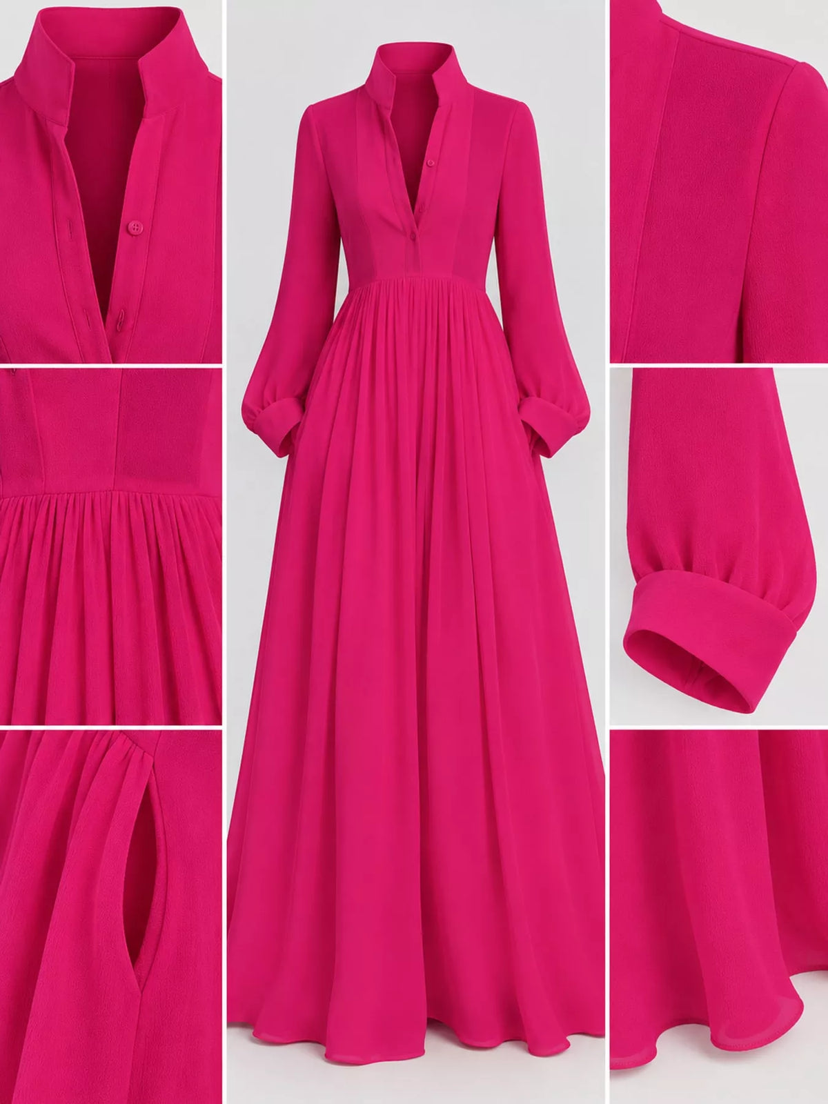 Hot pink long sleeve button-front maxi dress, collar waist cuff and hem details