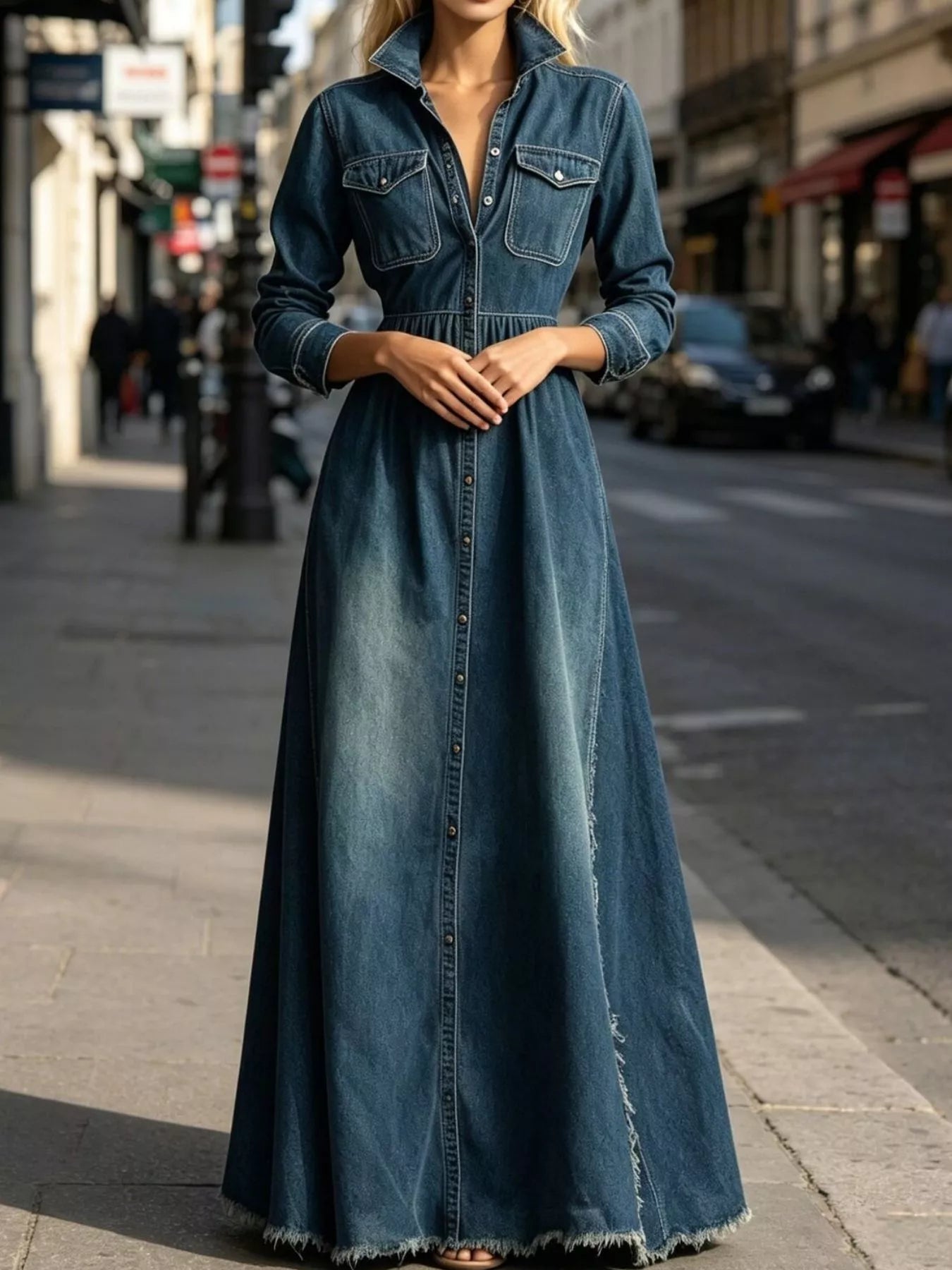 Trendsi Raw Hem Long-Sleeve Denim Maxi Dress -