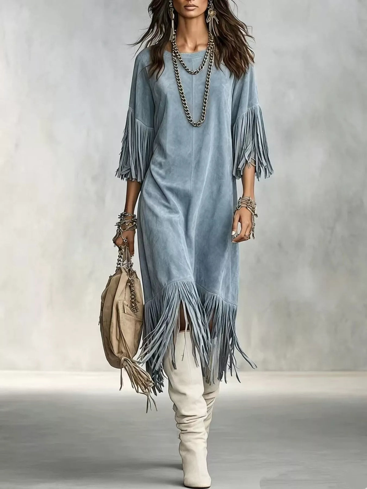 Blue fringed asymmetric-hem midi dress, full front view