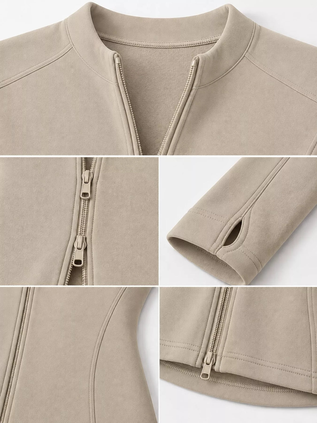 Beige slim-fit zip-up long sleeve jacket — design and construction details
