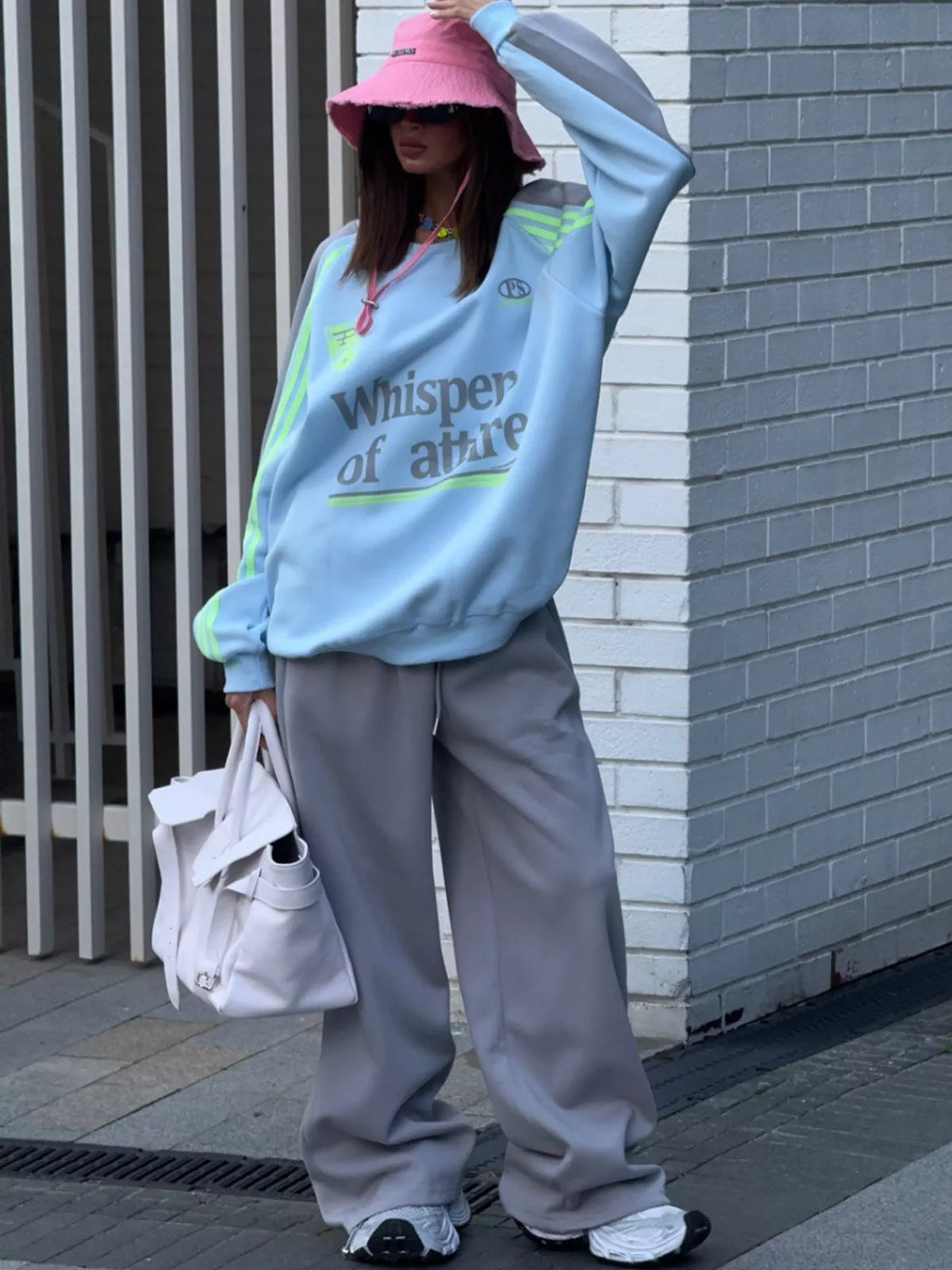 Blue top and gray pants color-block sweatshirt and wide-leg pants set — front view