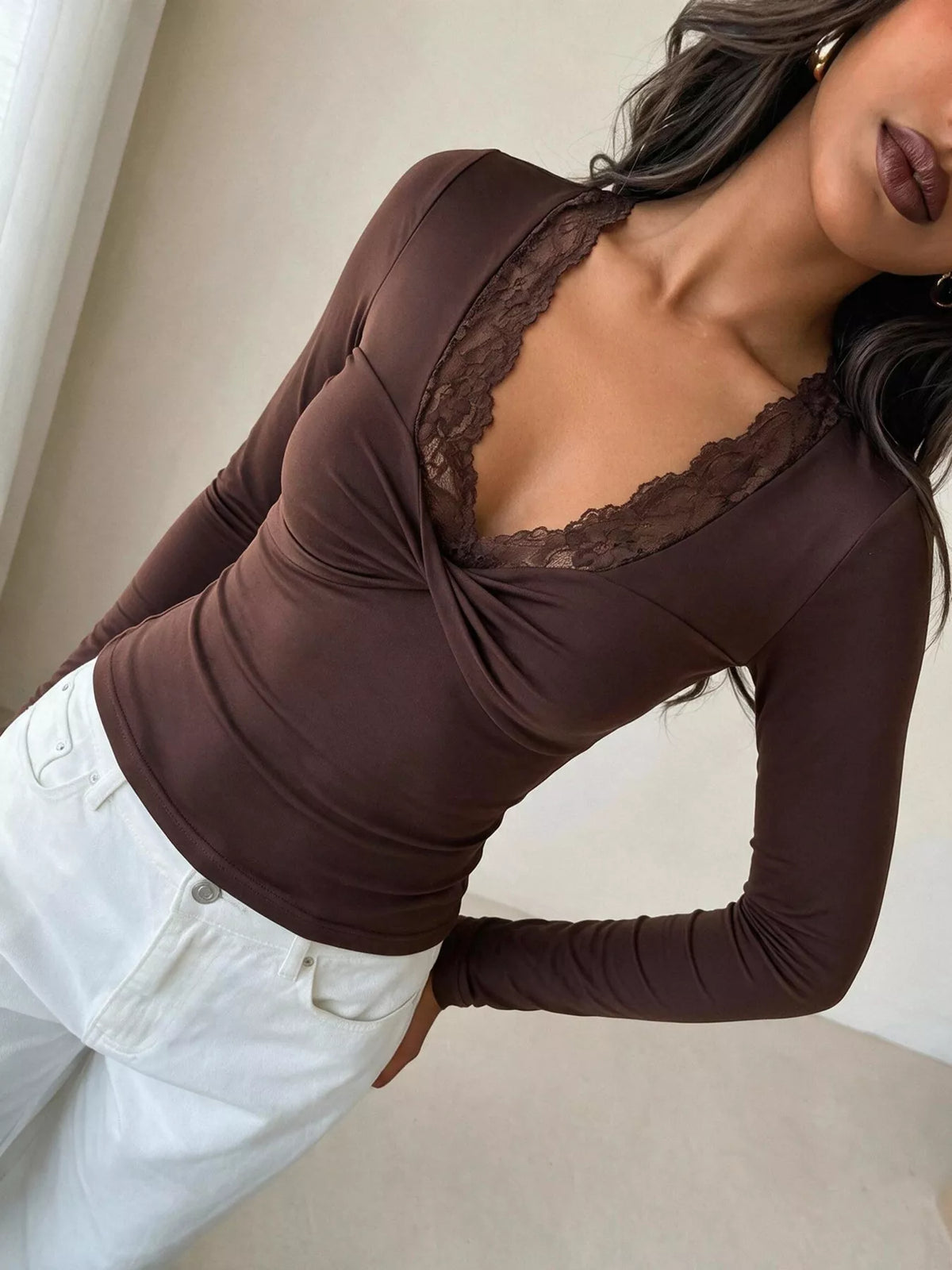 Lace-Trimmed Twist-Front Long Sleeve T-Shirt, front view