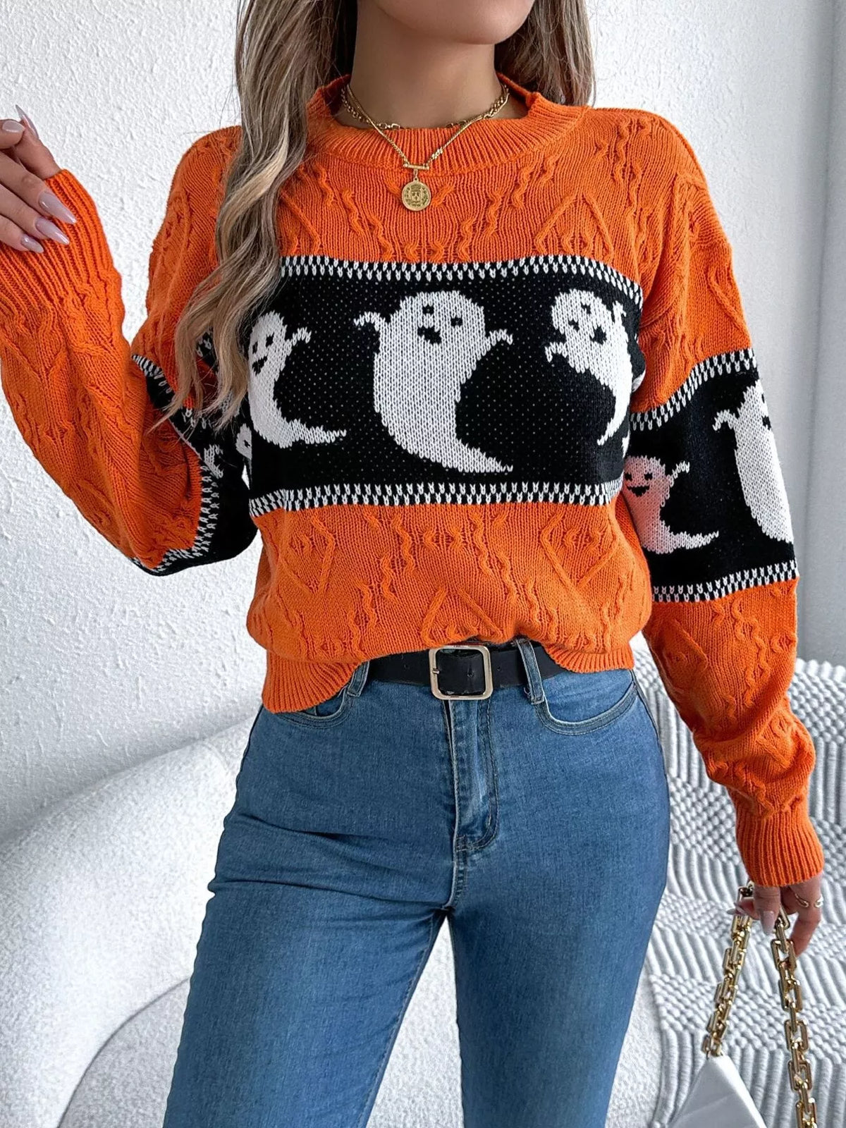 Halloween Ghost Pattern Textured Sweater in orange, front view