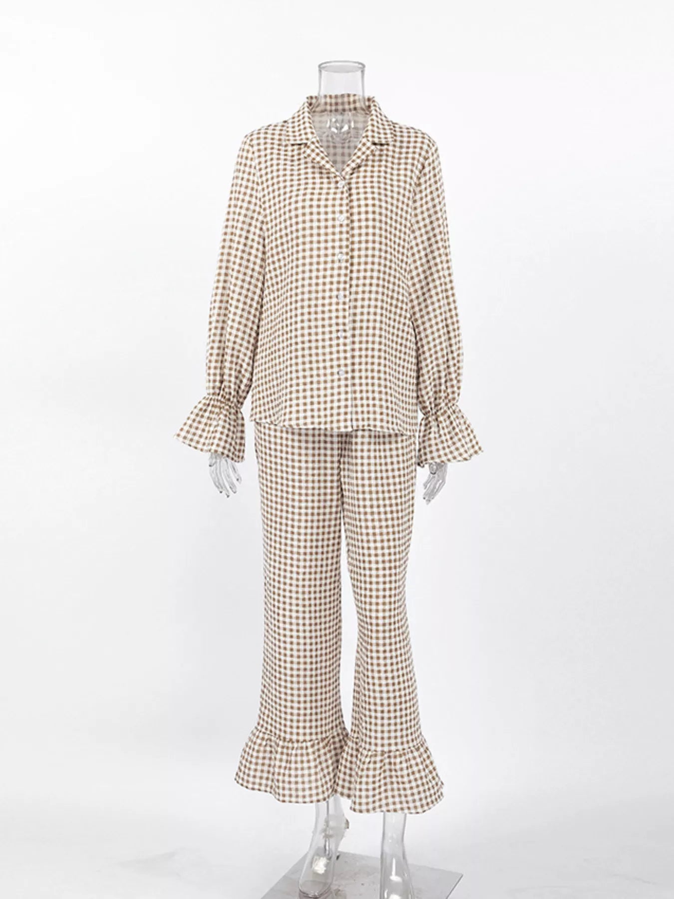 Trendsi Gingham Ruffle-Trim Top and Pants Lounge Set -