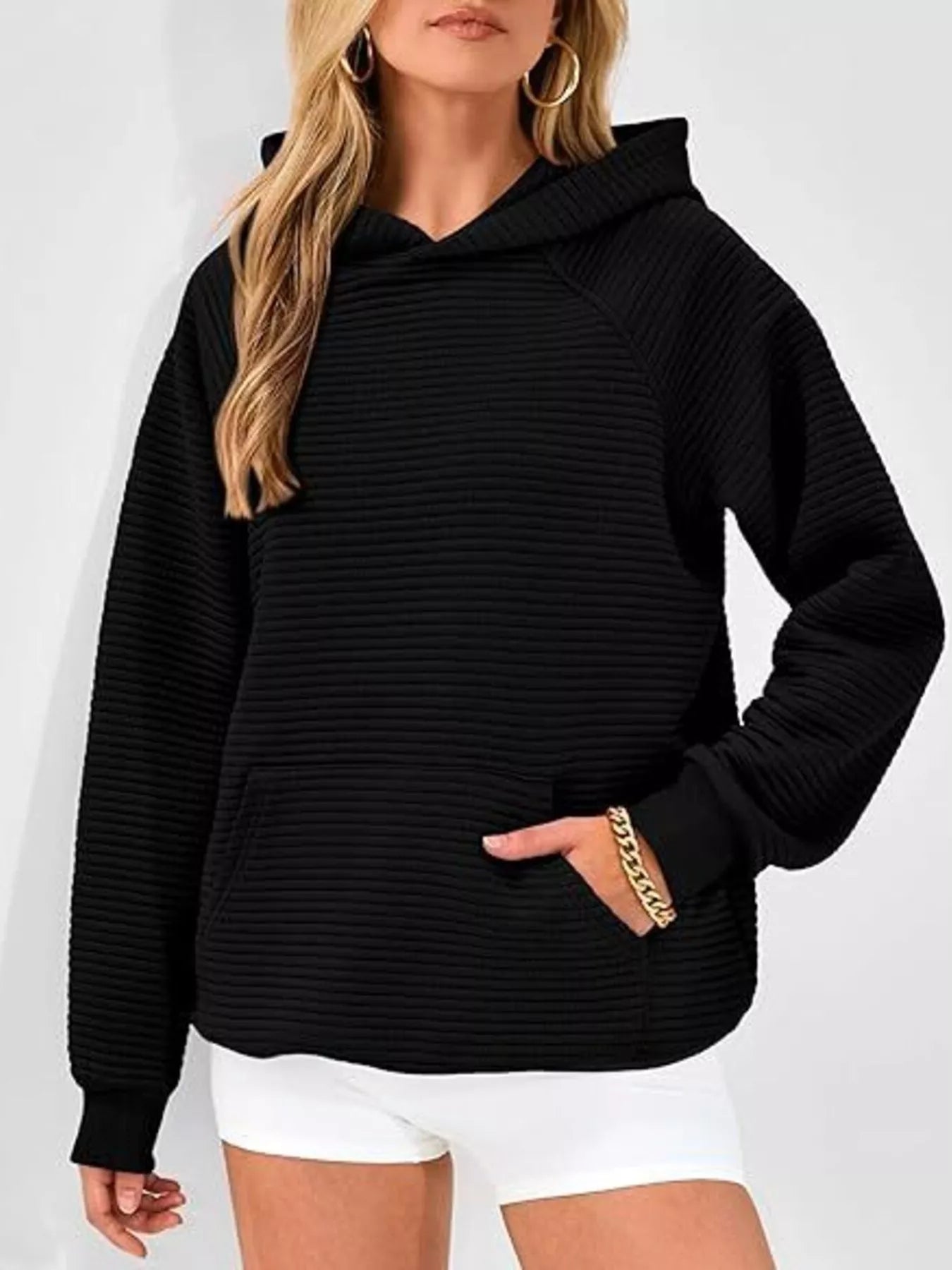 Trendsi Texture Kangaroo Pocket Raglan Sleeve Hoodie -