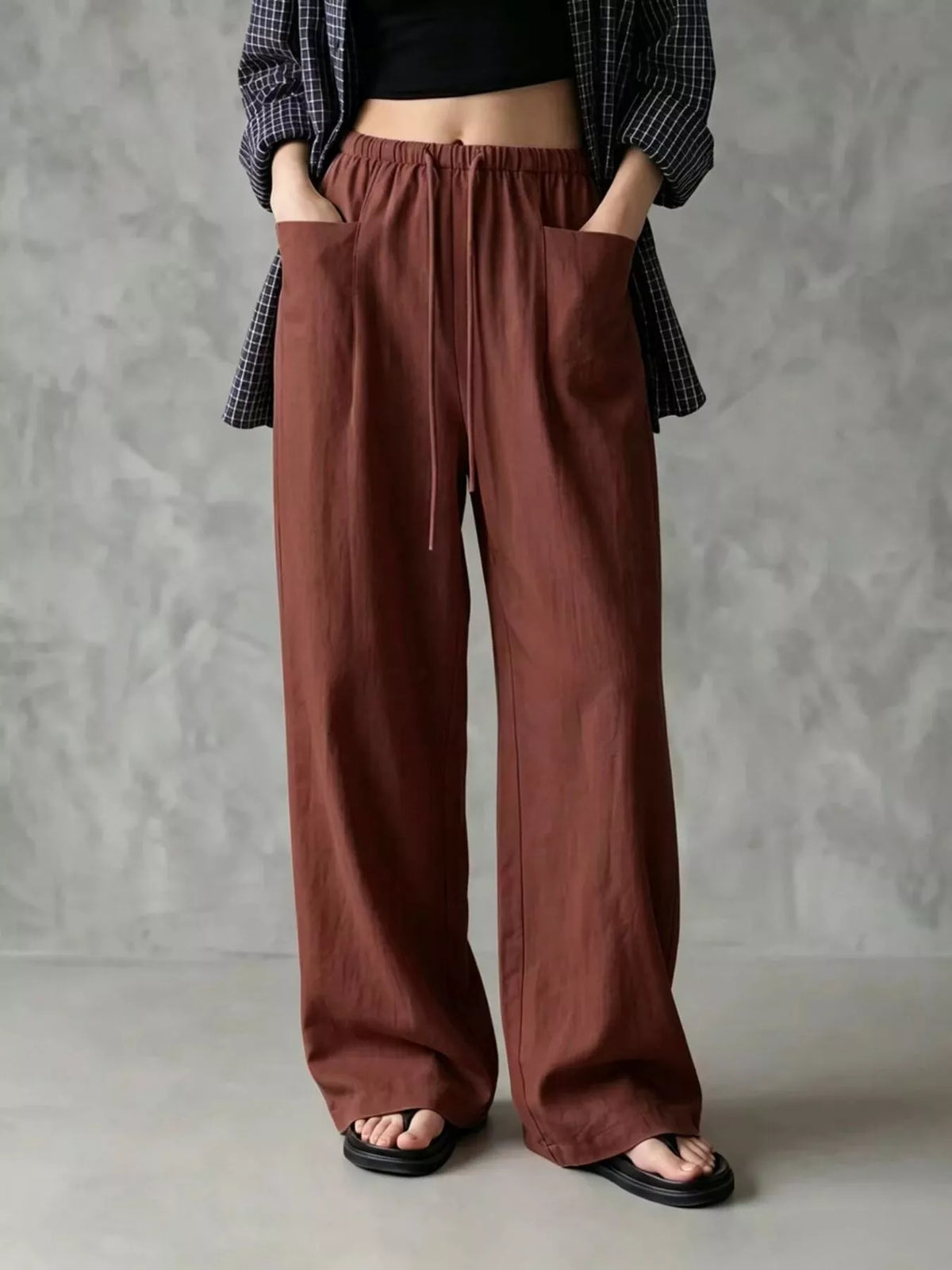 Women's Drawstring Wide-Leg Casual Pants in brown — front view