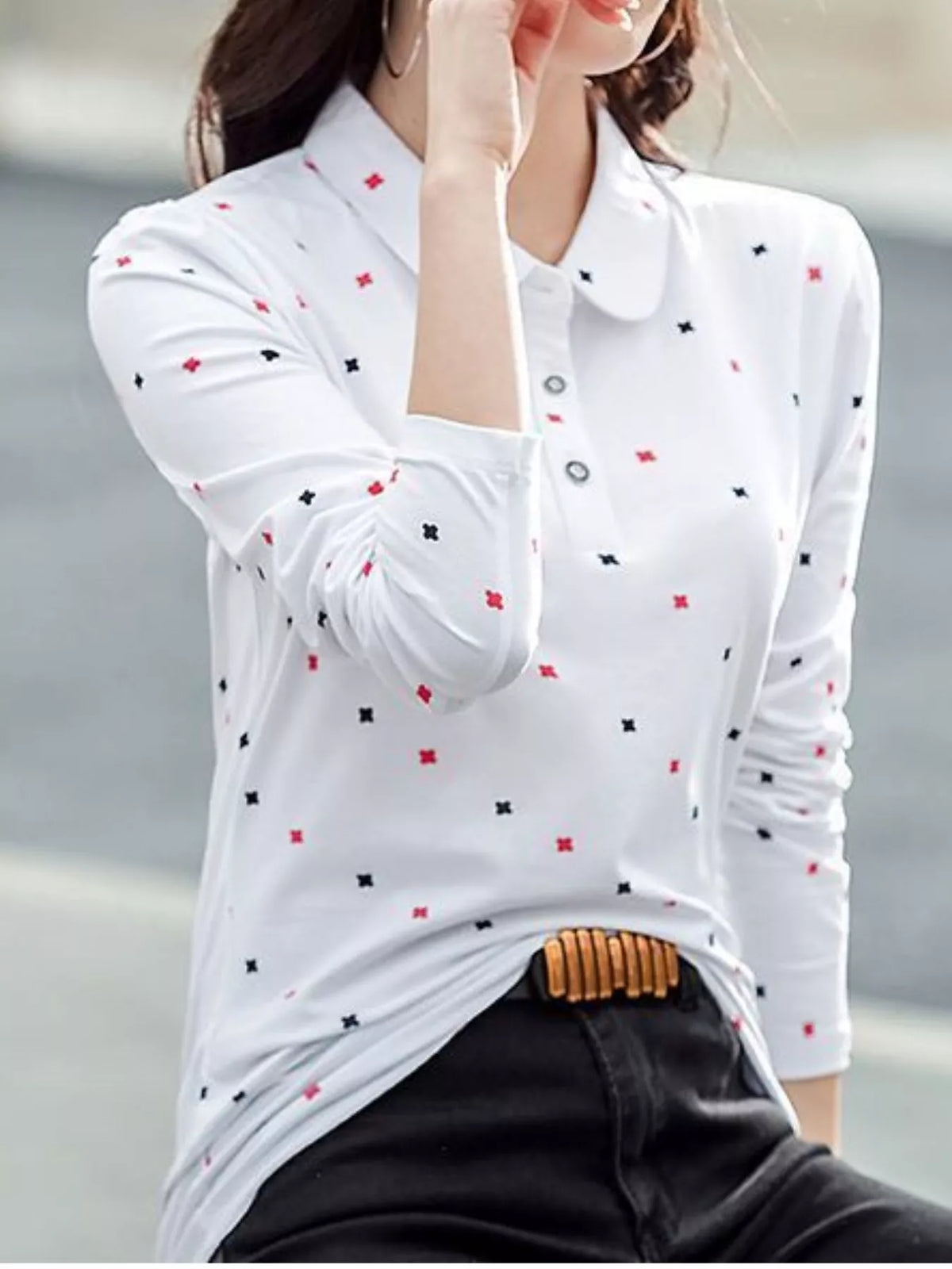 Long-Sleeve Polo T-Shirt with Geometric Print — front view