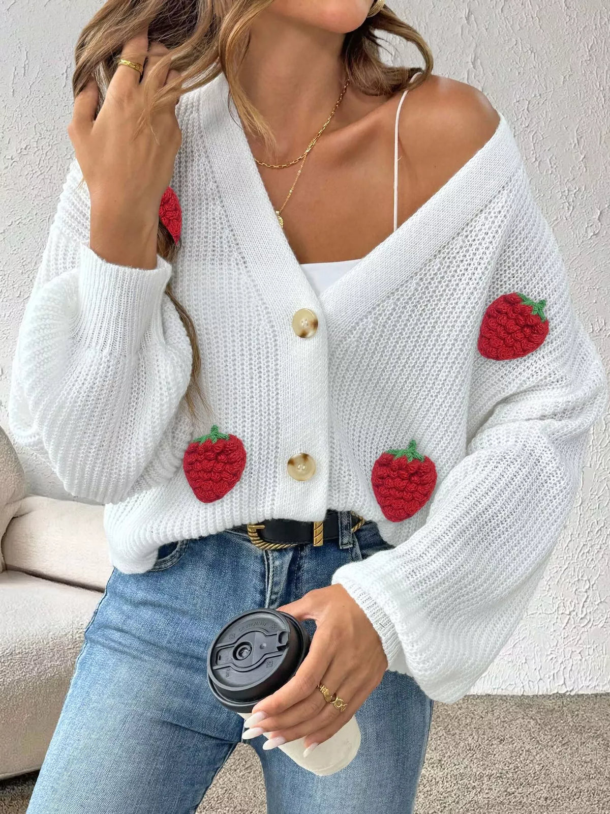 White Strawberry Applique Button-Up Cardigan detail view