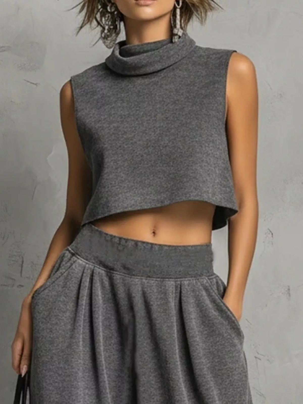 Gray Mock Neck Crop Top & Wide-Leg Sweatpants Set top and waistband detail