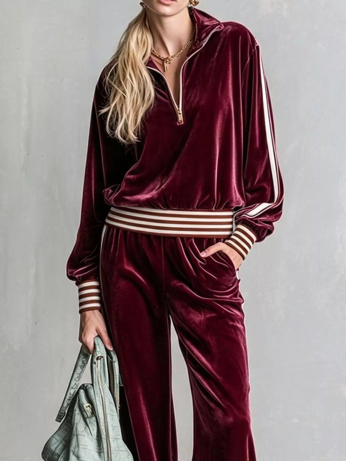 Burgundy striped half-zip top and pants set, zip neckline detail