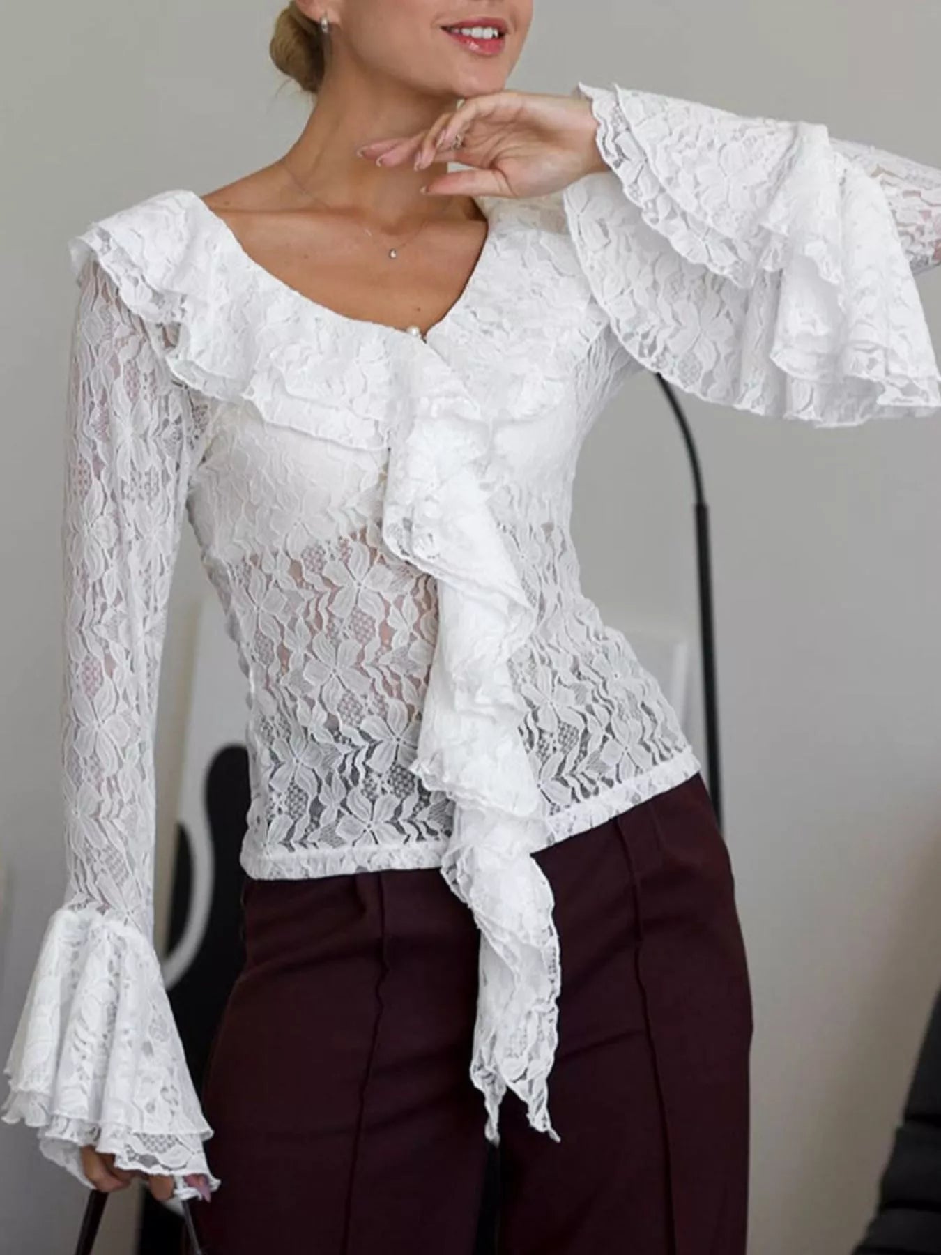 Trendsi Lace V-Neck Flare Sleeve Blouse -