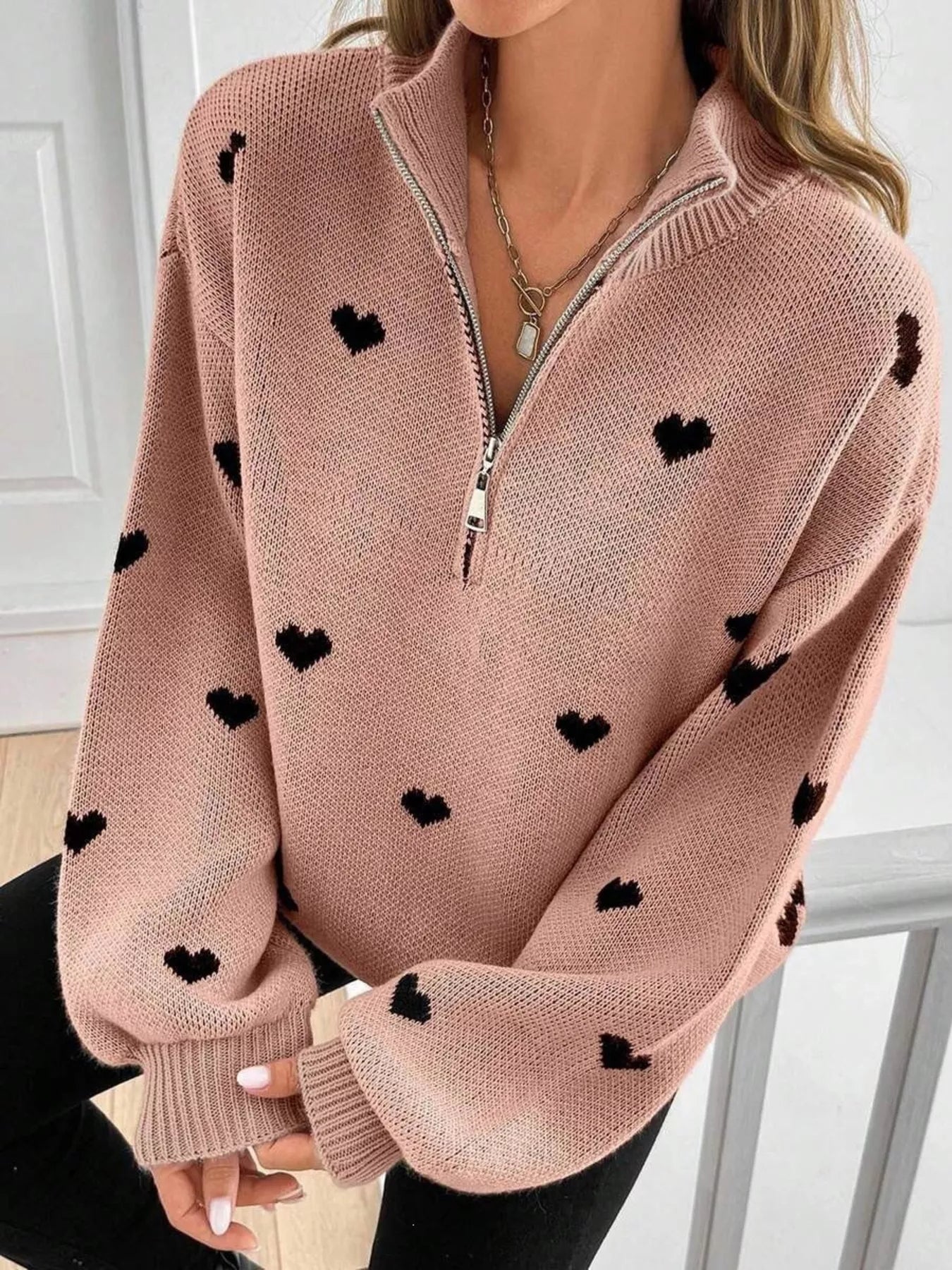 Trendsi Full Size Heart Half-Zip Long Sleeve Sweater Plus Size -
