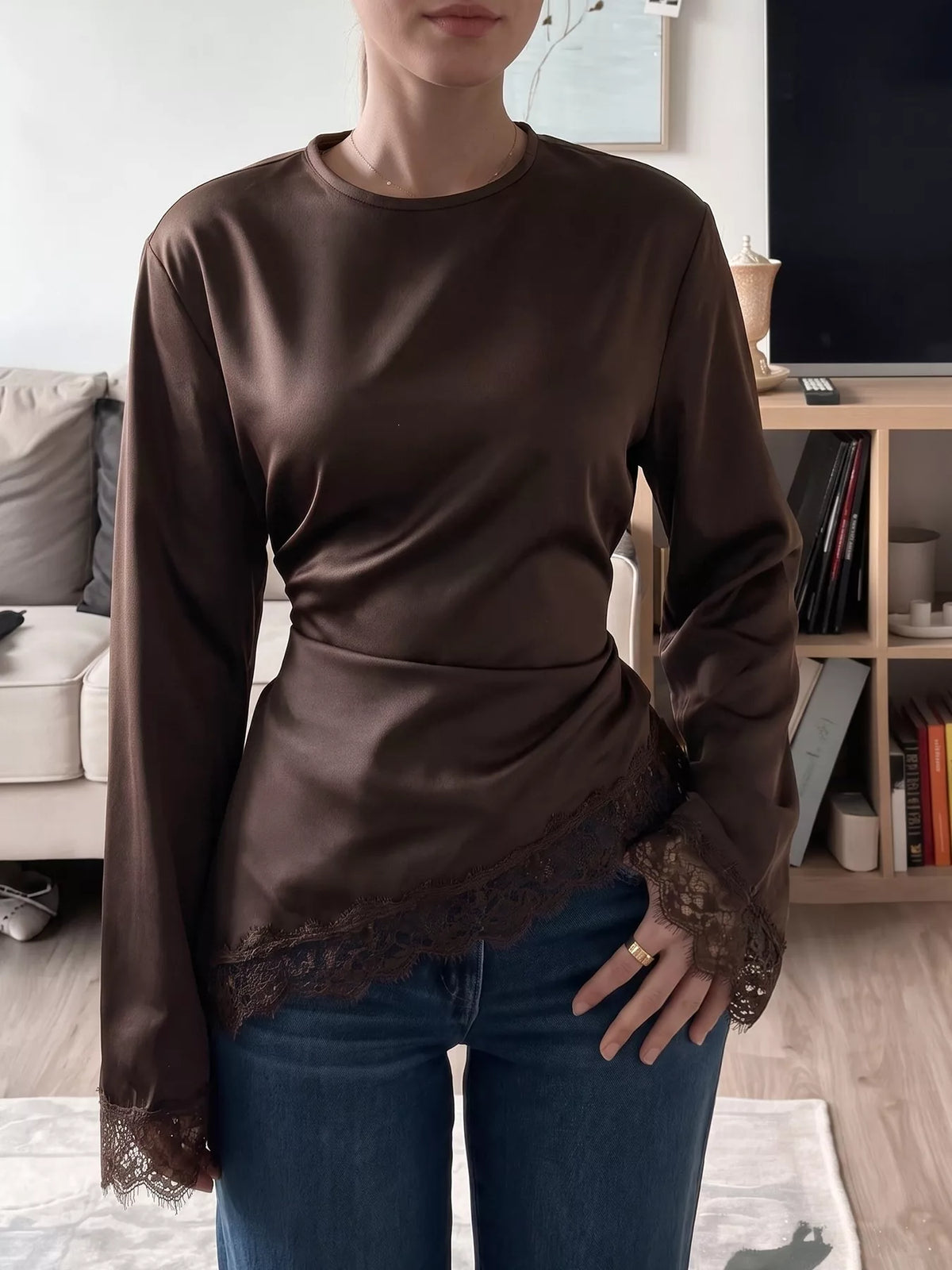 Coffee satin lace-trim blouse with flounce sleeves