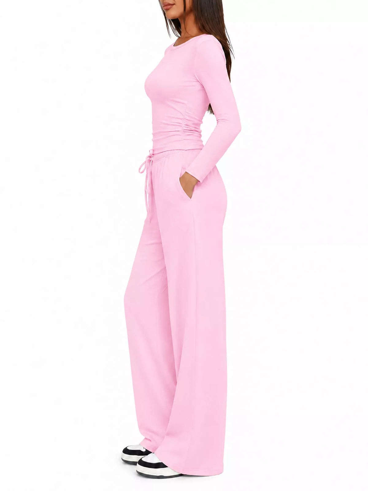 Long Sleeve Top and Wide-Leg Drawstring Pants Set — side view