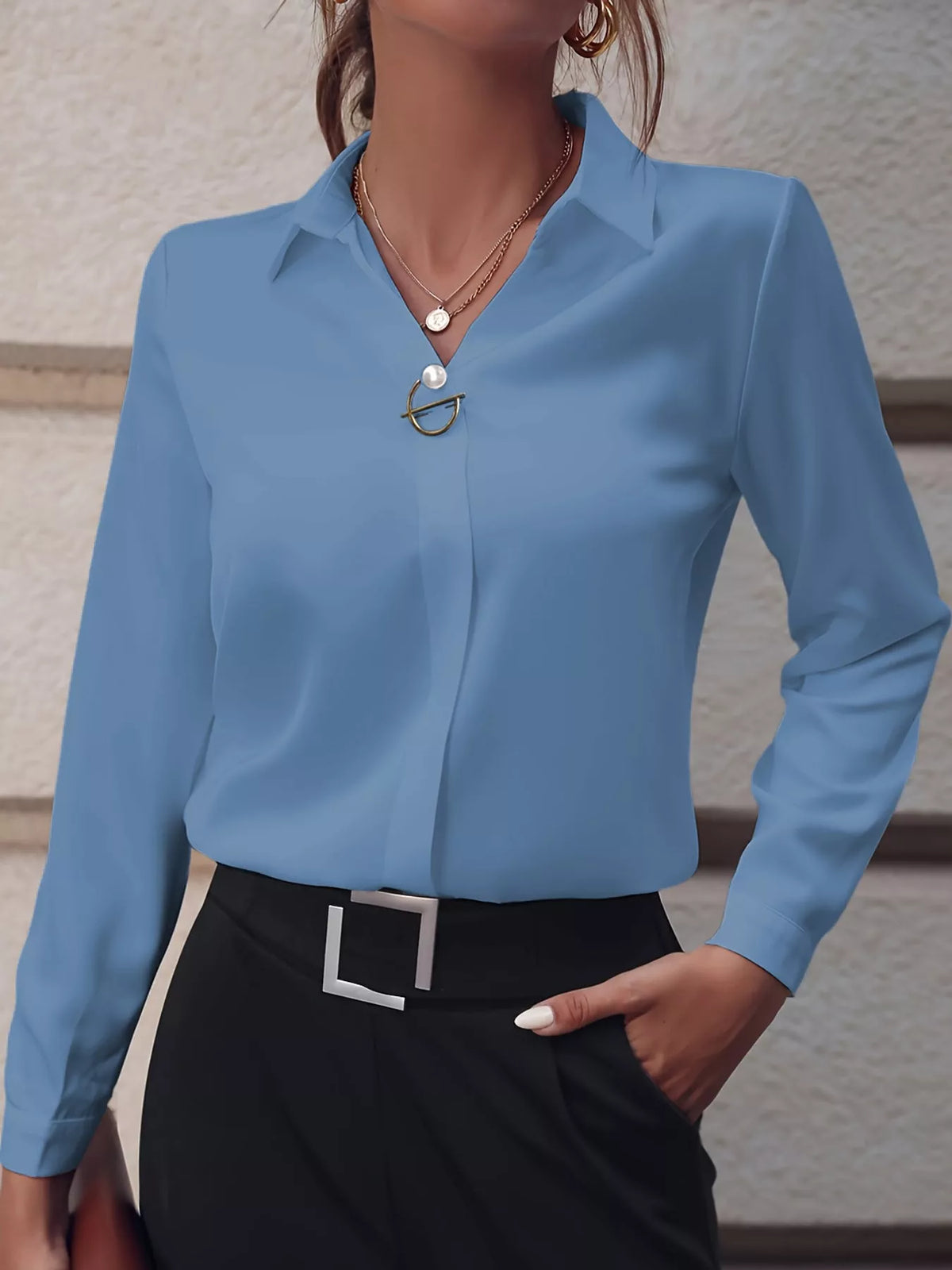 Women's Collared Clasp Detail Long Sleeve Satin Blouse in light blue — front view