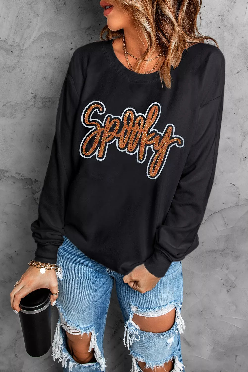 Trendsi Spooky Rhinestone Drop Shoulder Sweatshirt -