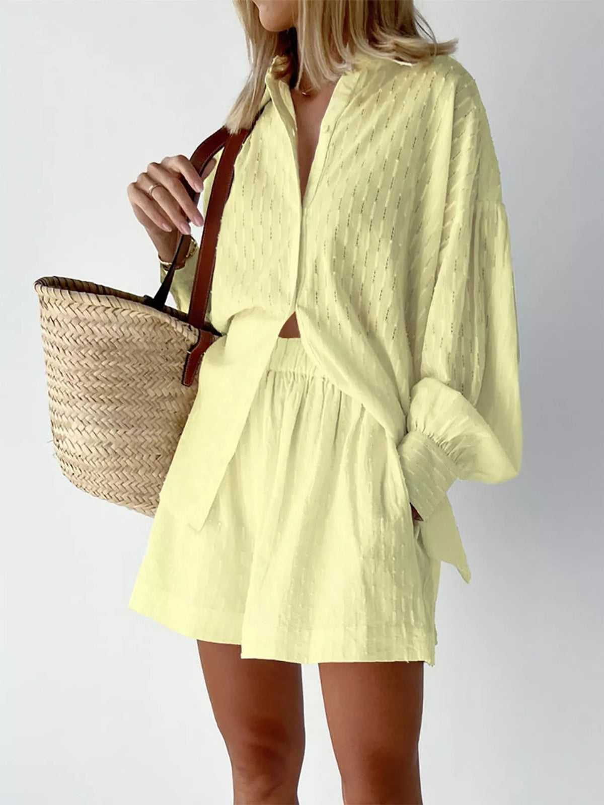 Women's Textured Button-Down Shirt and Shorts Set in yellow — front view