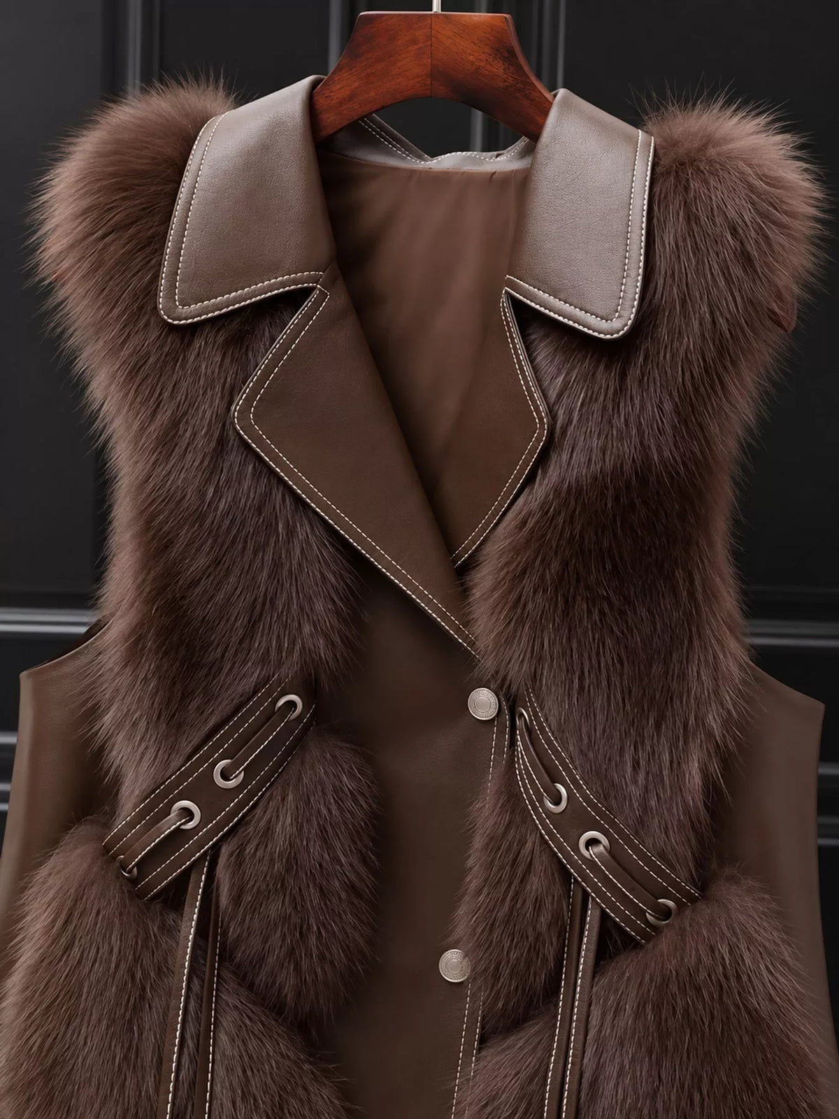 Faux Fur Snap Down Vest Coat, detail view in brown