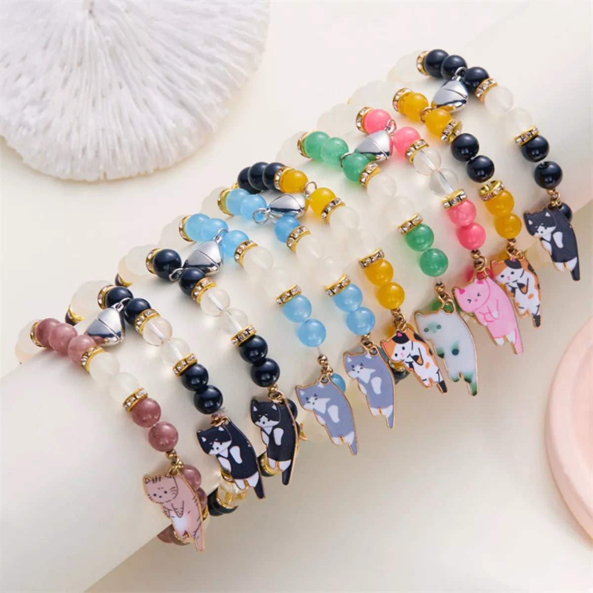 Trendsi 2 Piece Beaded Cat Charm Bracelet -