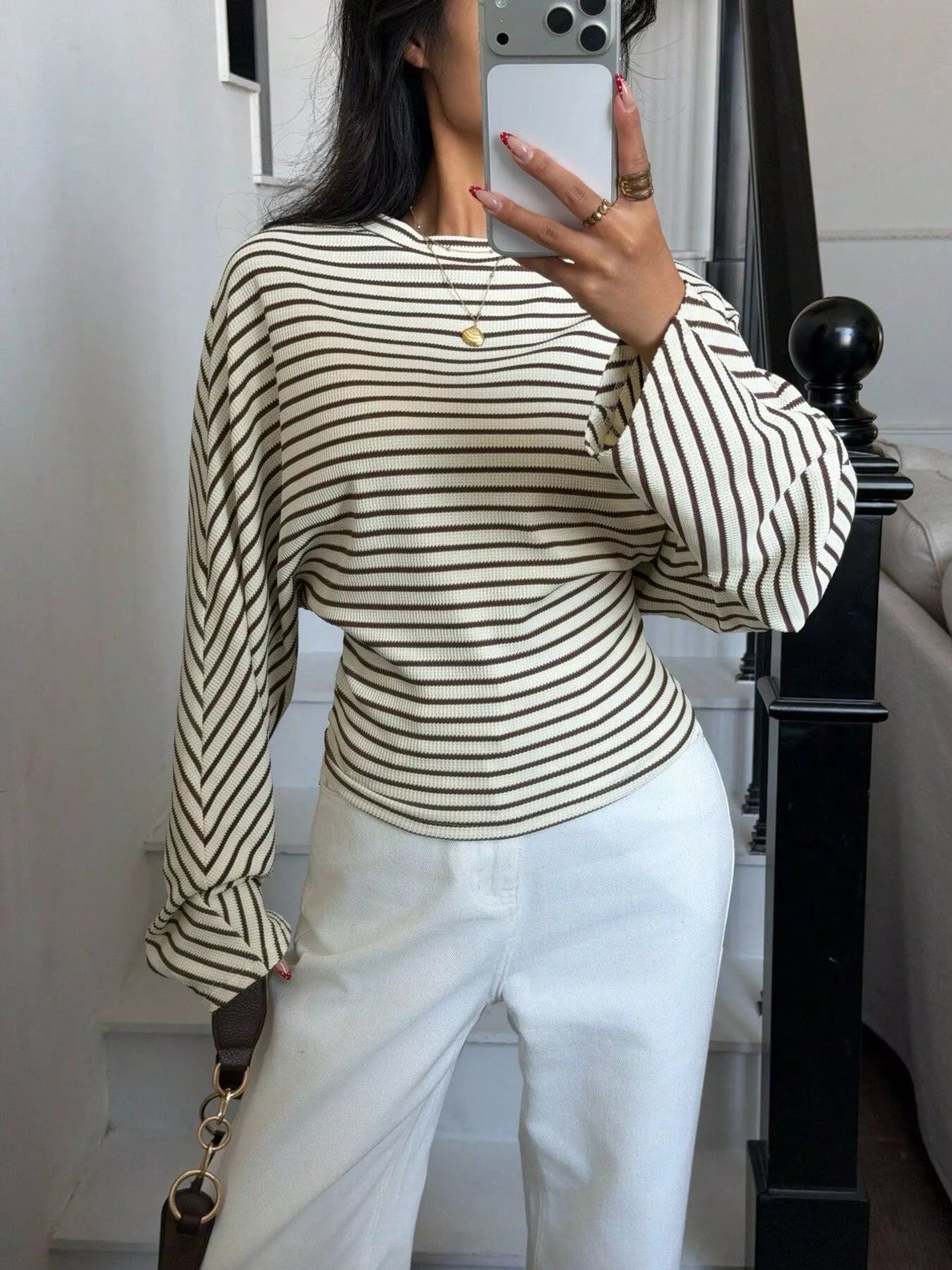 Trendsi Casual Striped Batwing Sleeve T-Shirt -