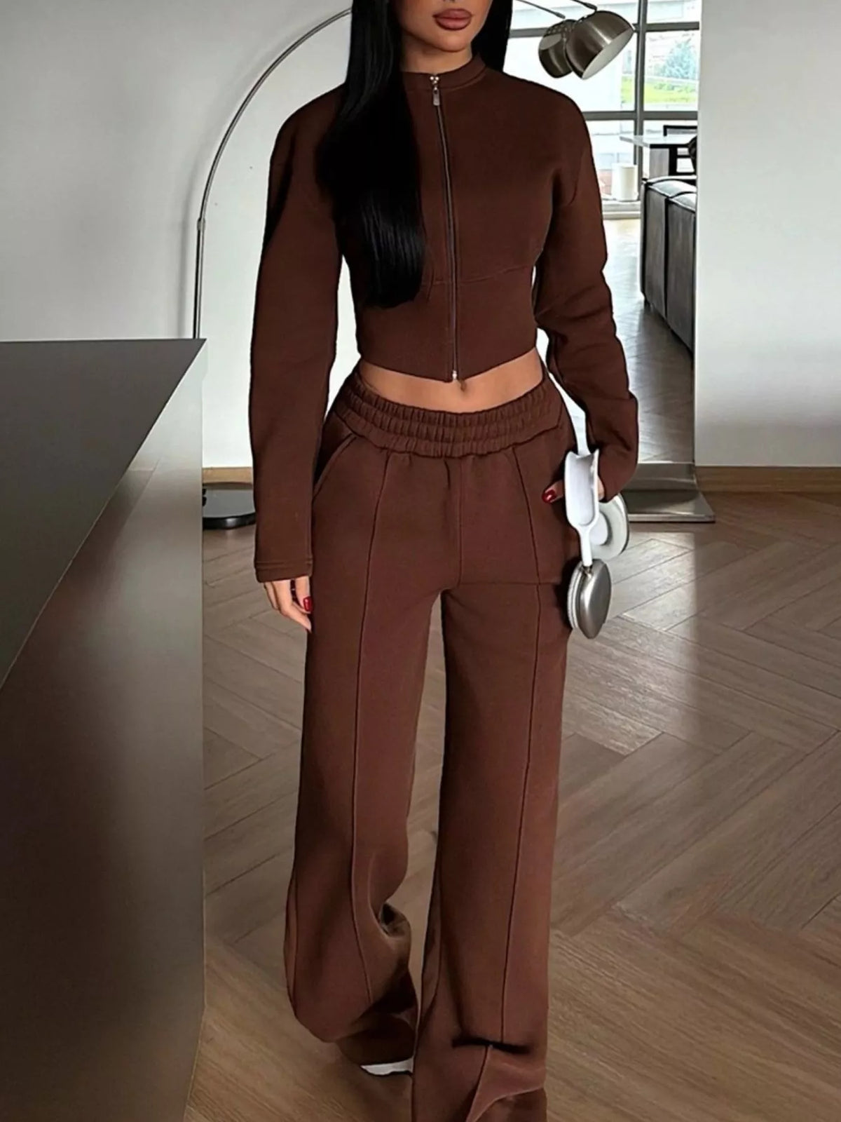 Trendsi Zip-Up Crop Jacket and Wide-Leg Pants Set -