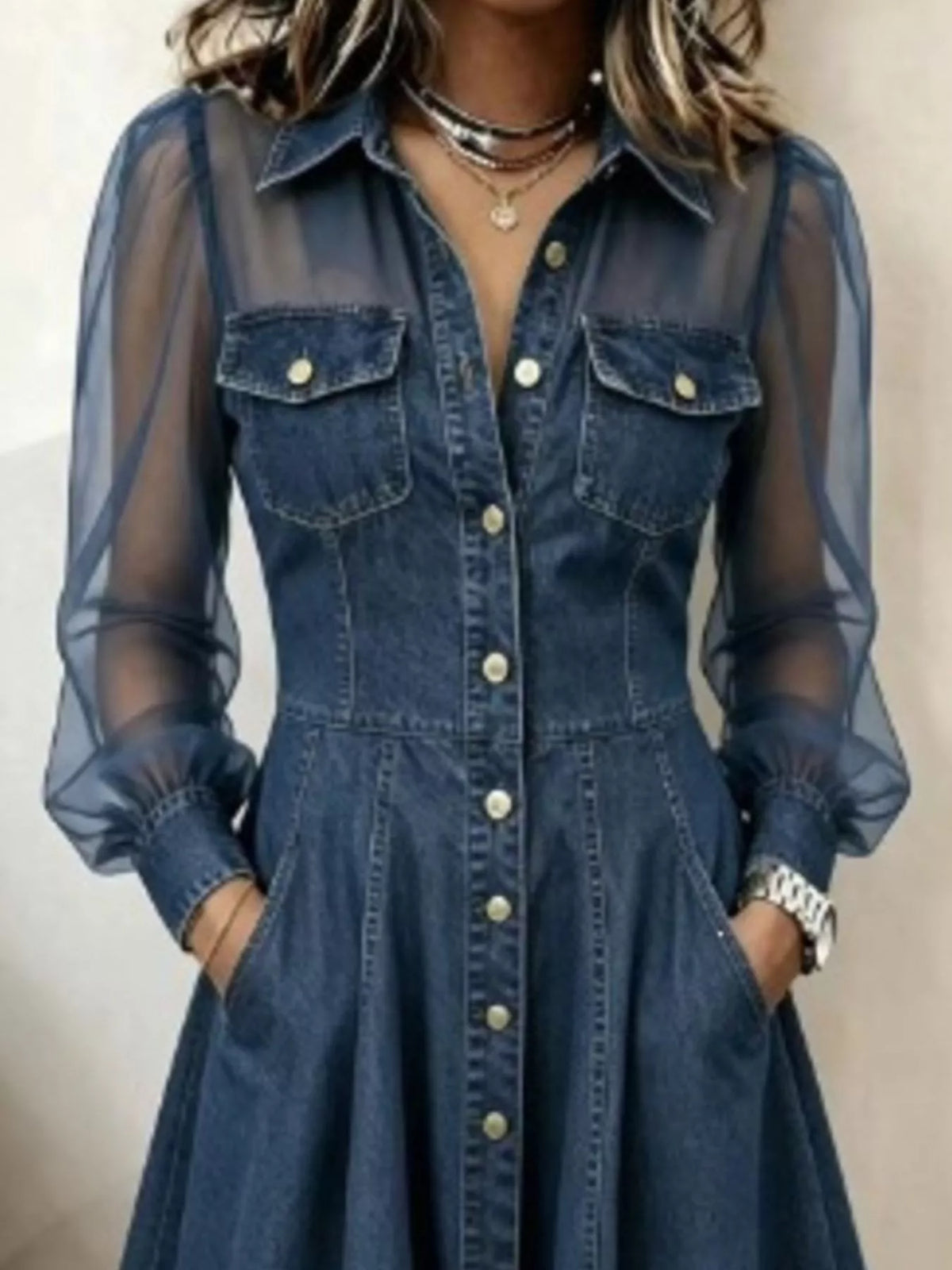 Dark blue sheer mesh long sleeves shirt dress — design and construction details