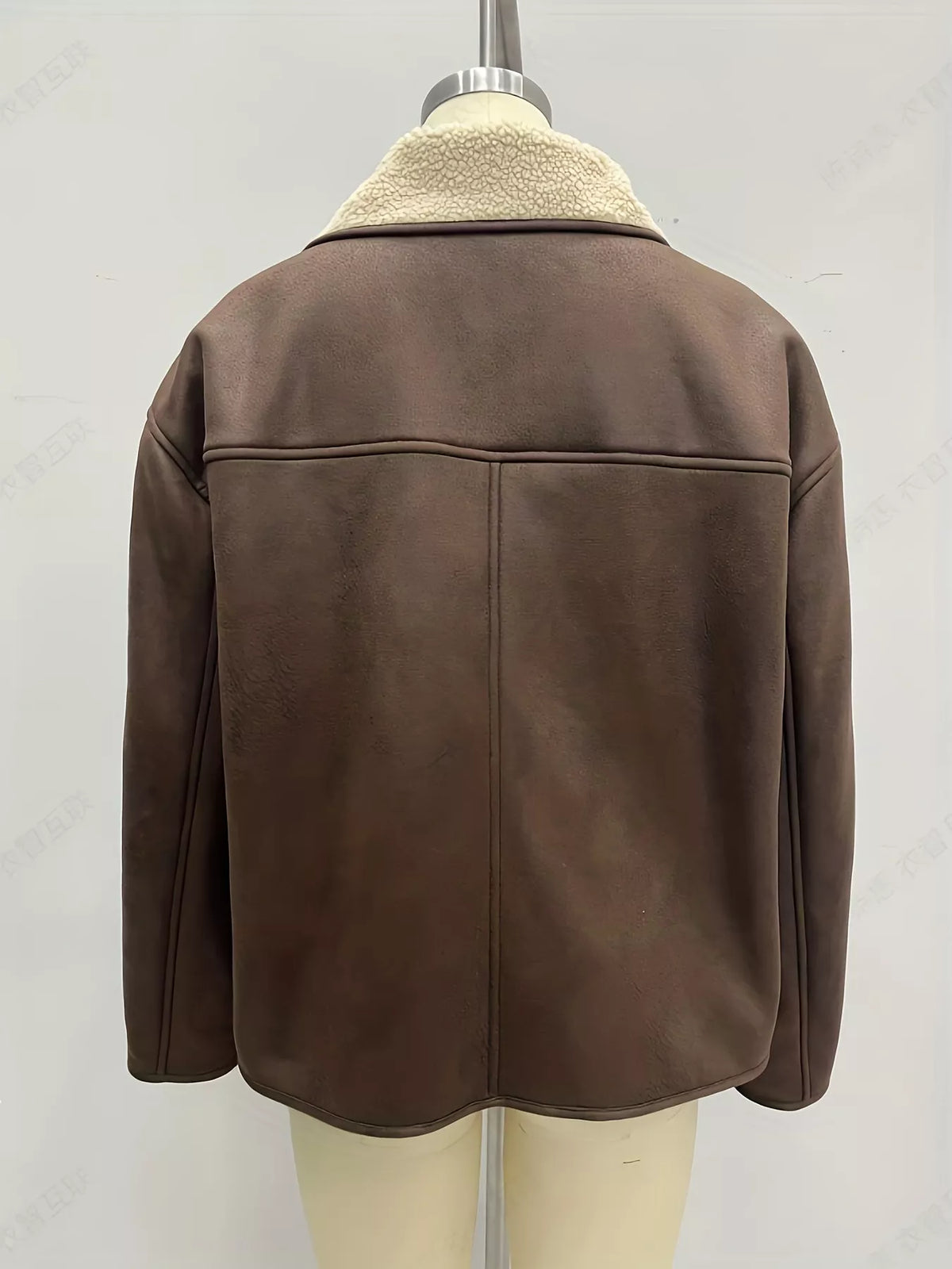Coffee Brown Sherpa-Lined Button-Down Jacket with Pockets back view on mannequin
