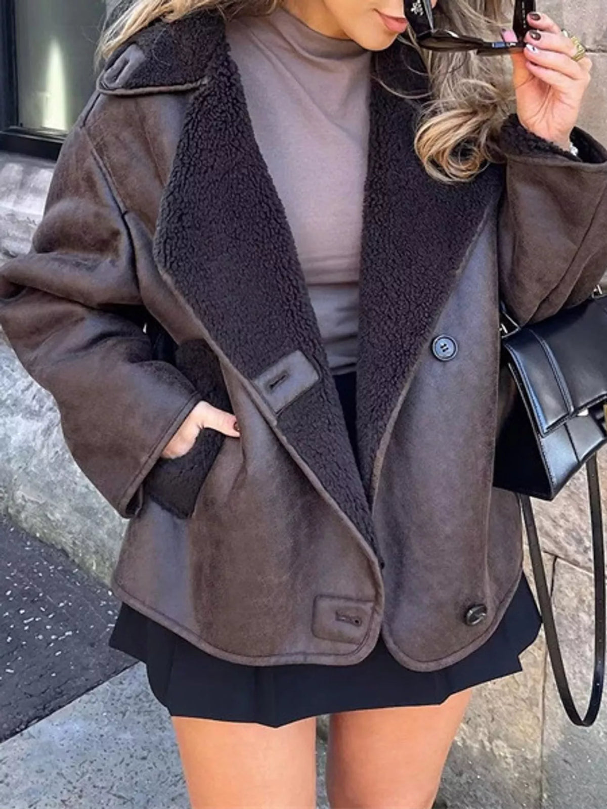 Sherpa-collar jacket, brown open front