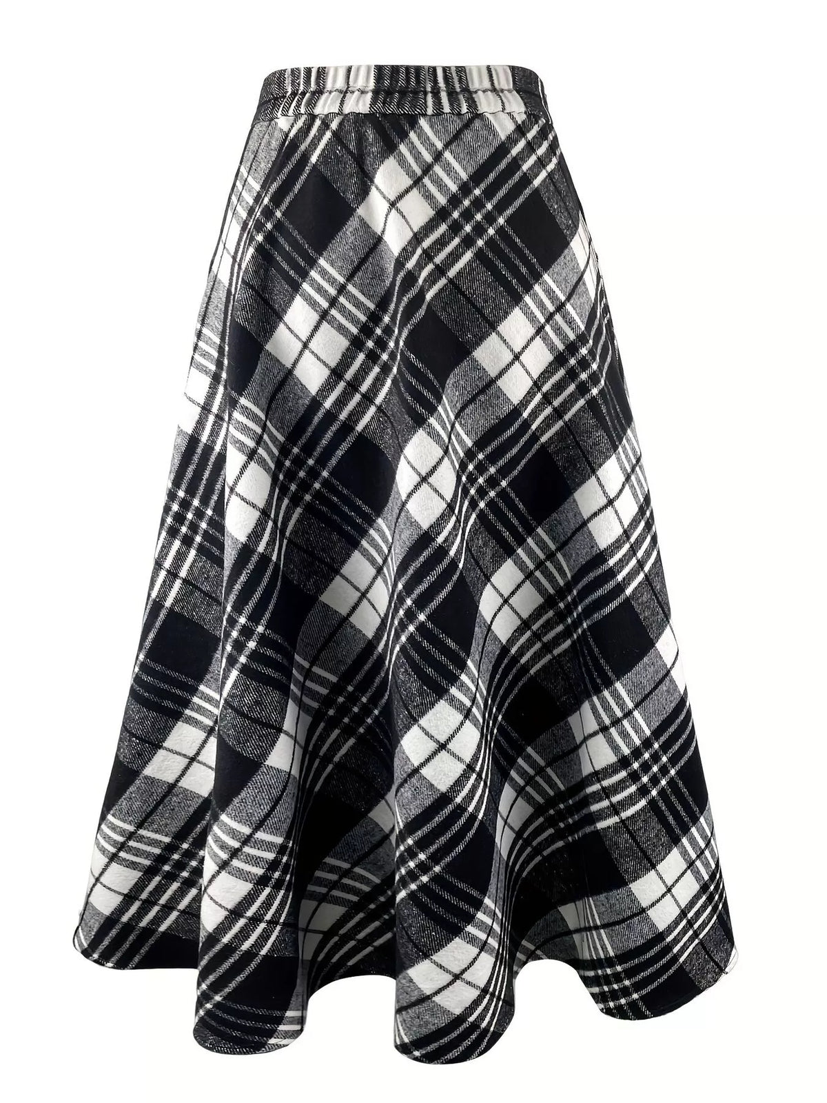 Black and white plaid A-line midi skirt, back view