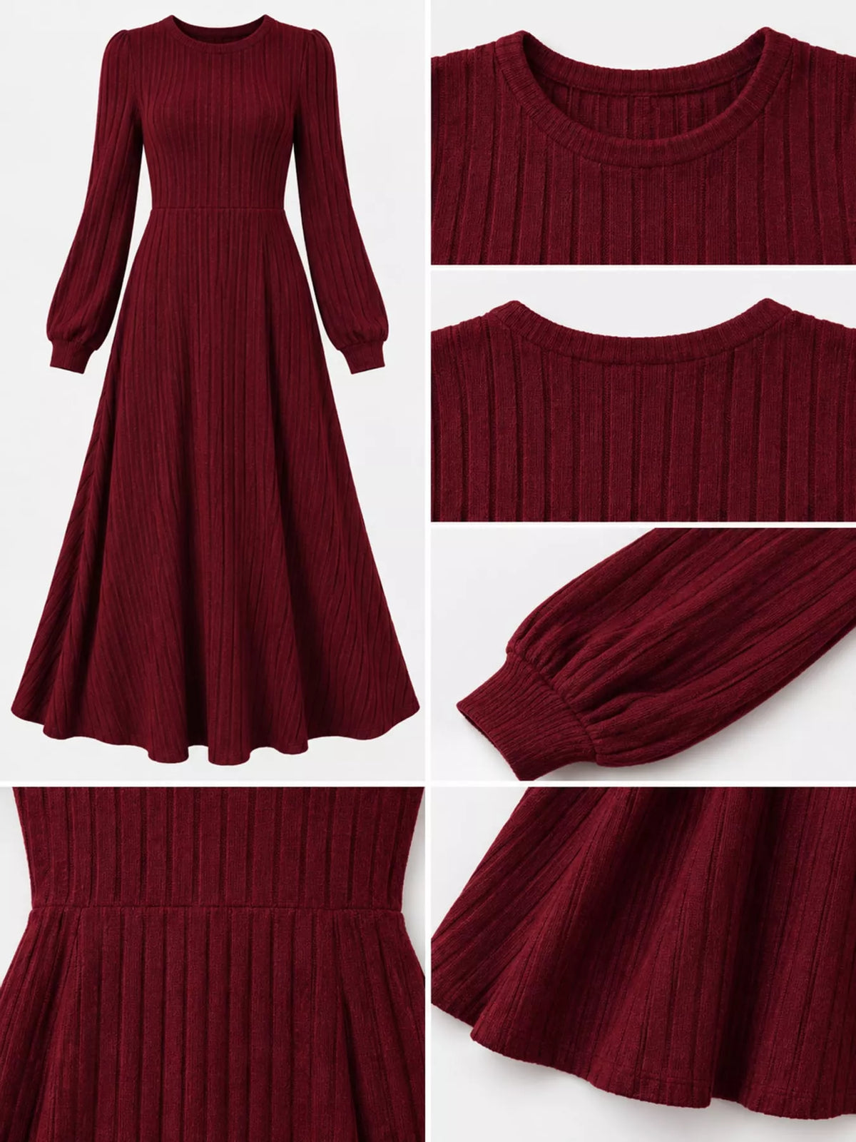 Women's Ribbed Knit Long Sleeve A-Line Midi Dress in burgundy — detail collage view