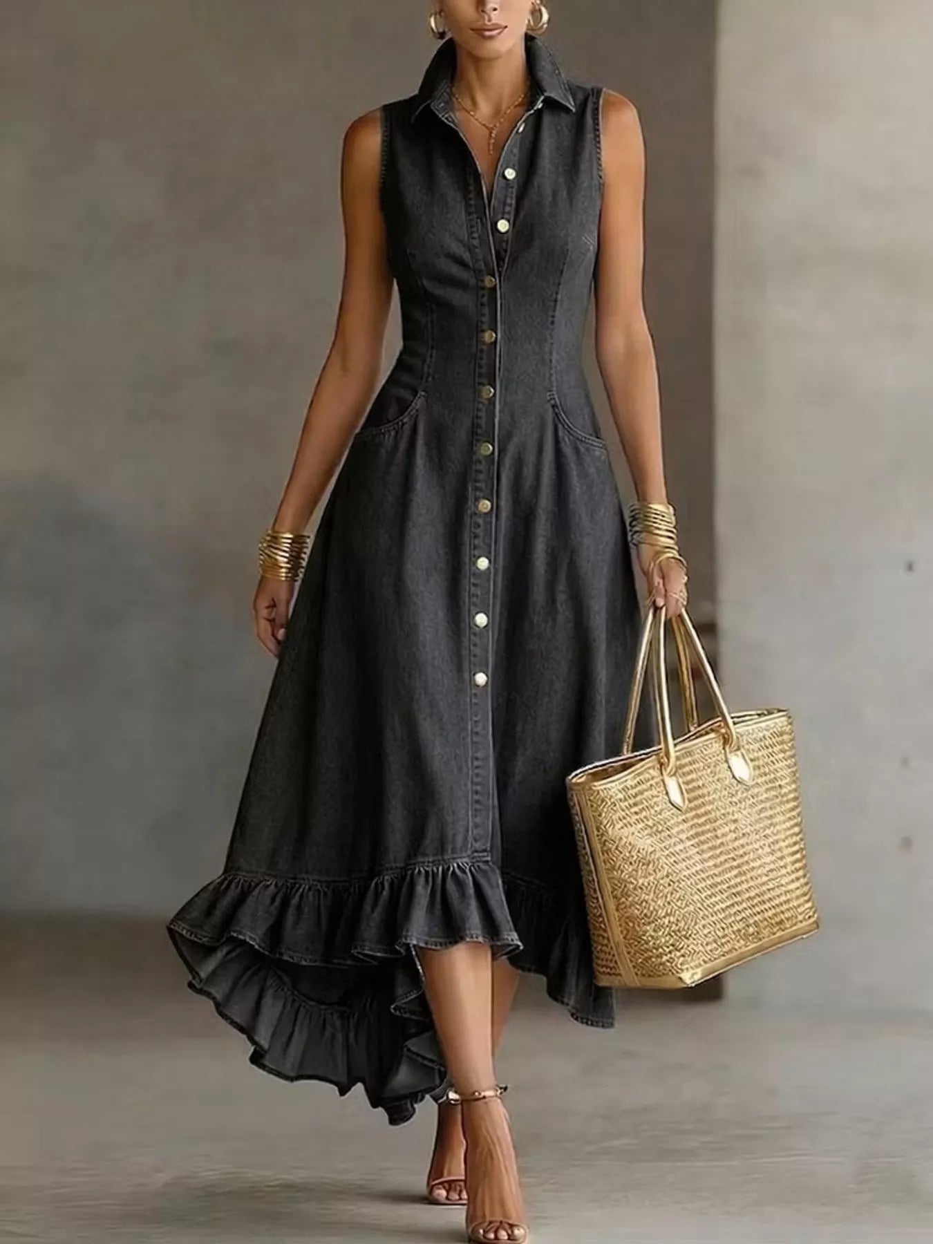 Trendsi Full Size Sleeveless Ruffled Hem Denim Dress Plus Size - Dresses