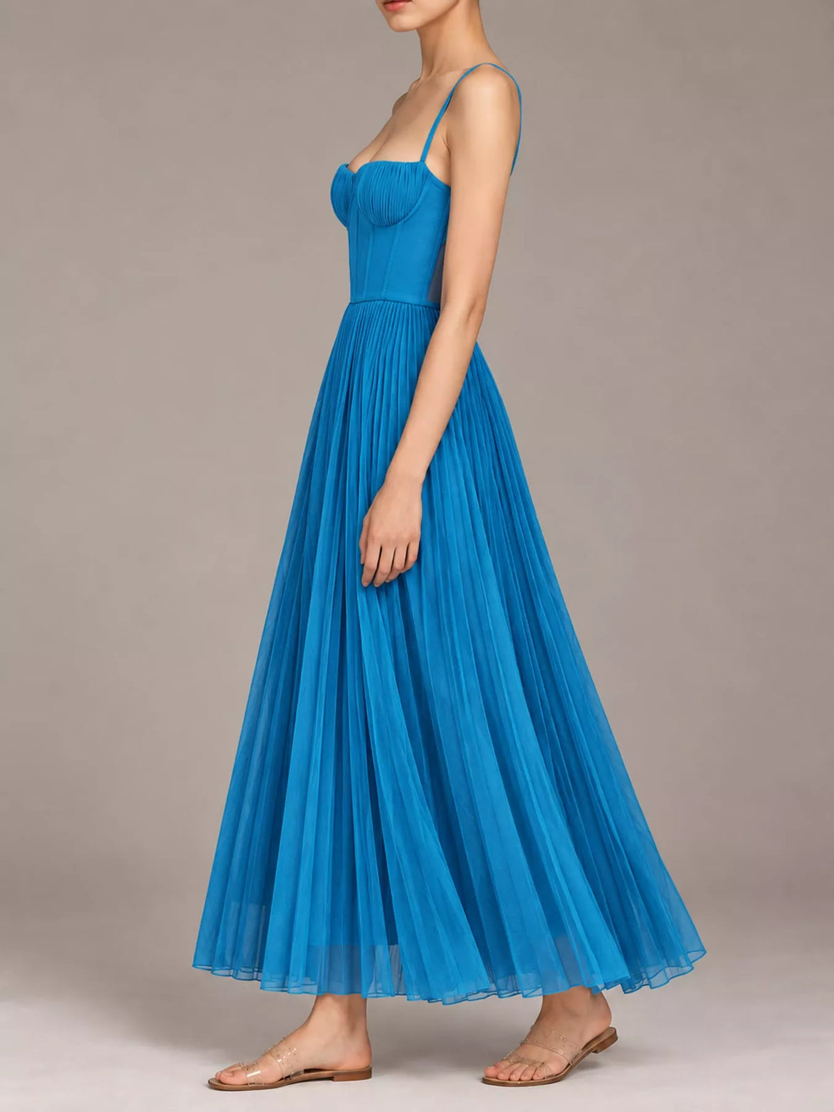 Blue pleated sweetheart neck midi dress — side view