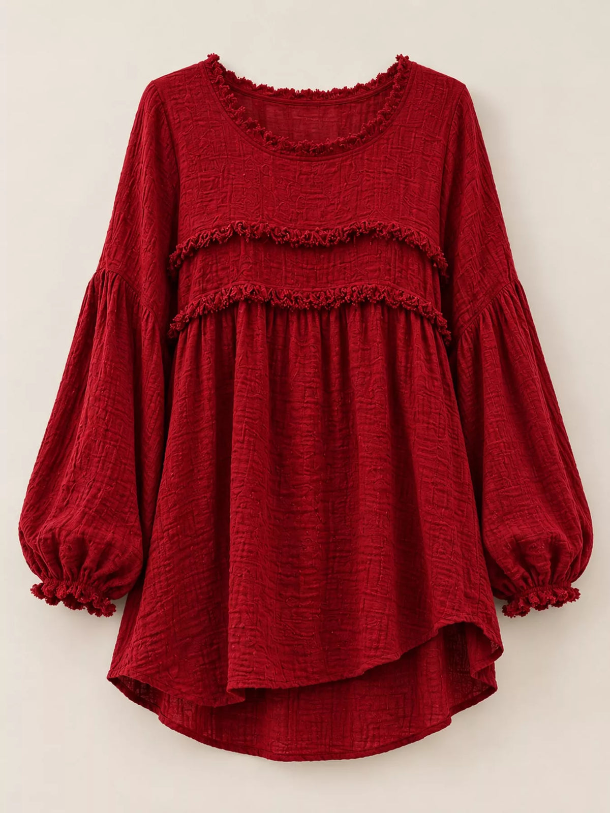 Red textured frayed-trim peplum blouse, product view