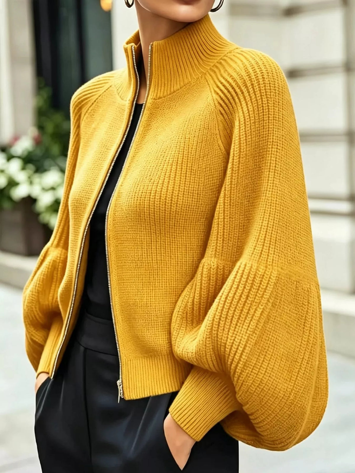 Yellow ribbed knit zip-up lantern sleeve cardigan