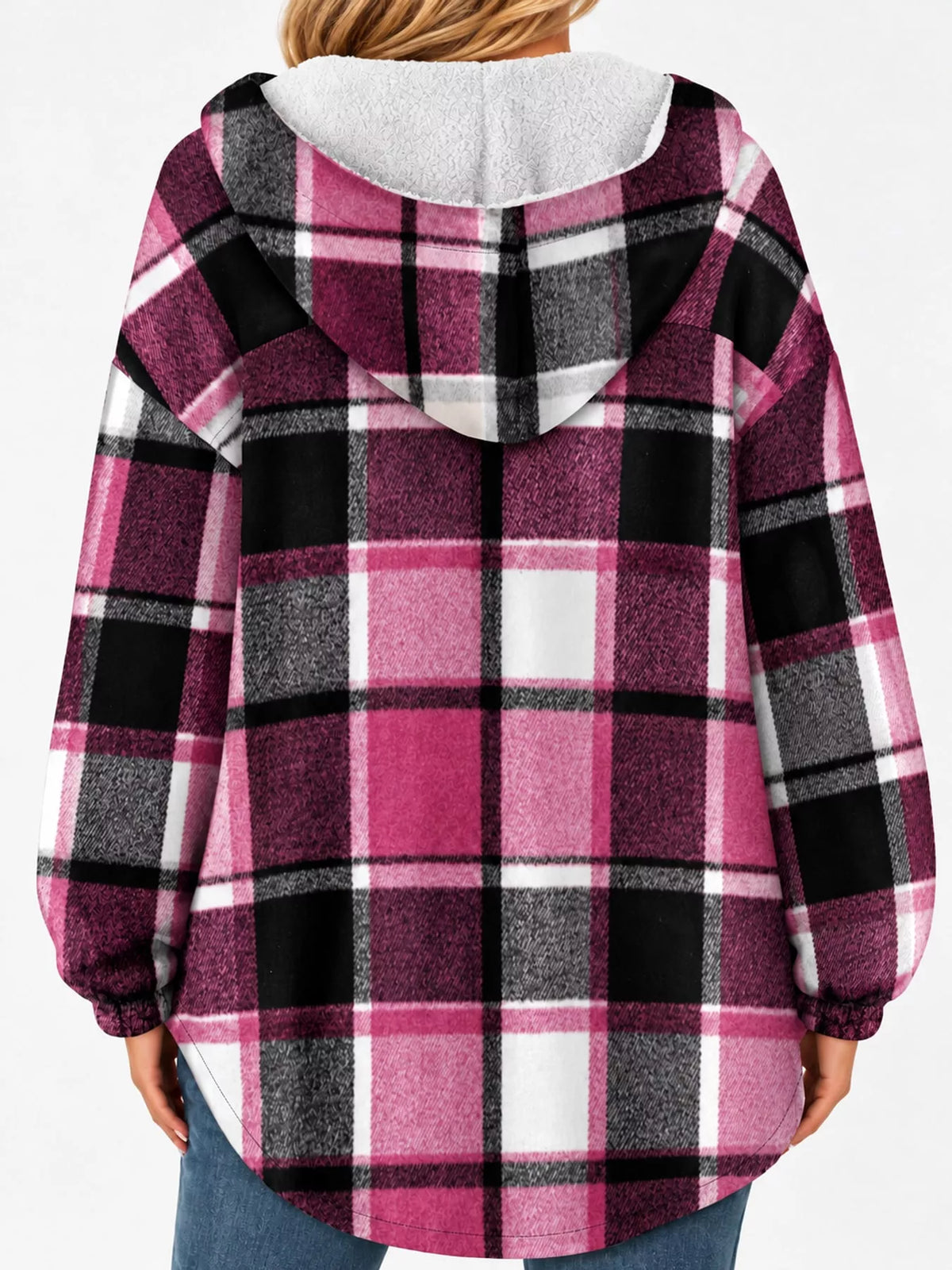 Pink plaid hooded button up jacket, back view