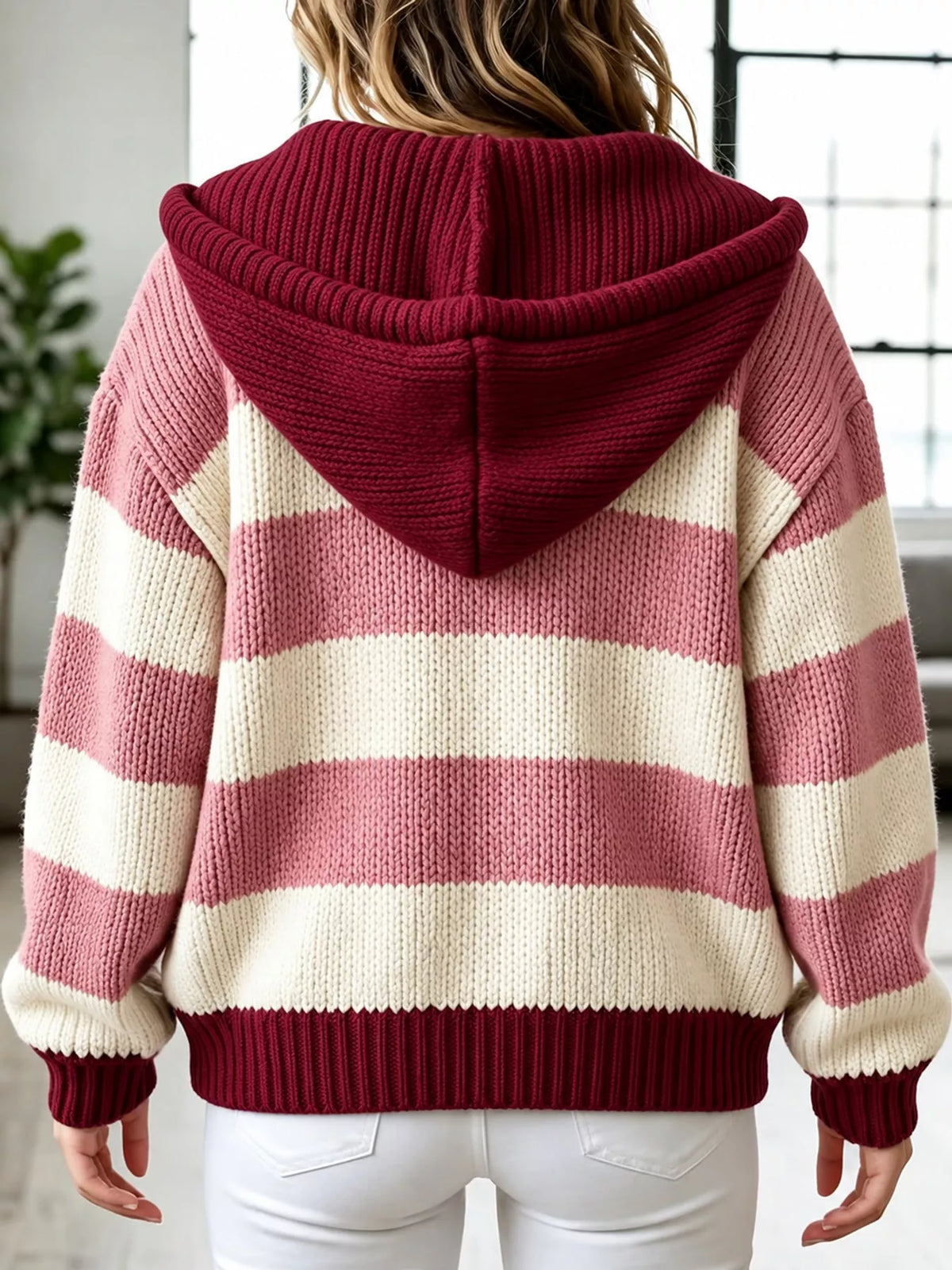 Hooded long sleeve cardigan, back view